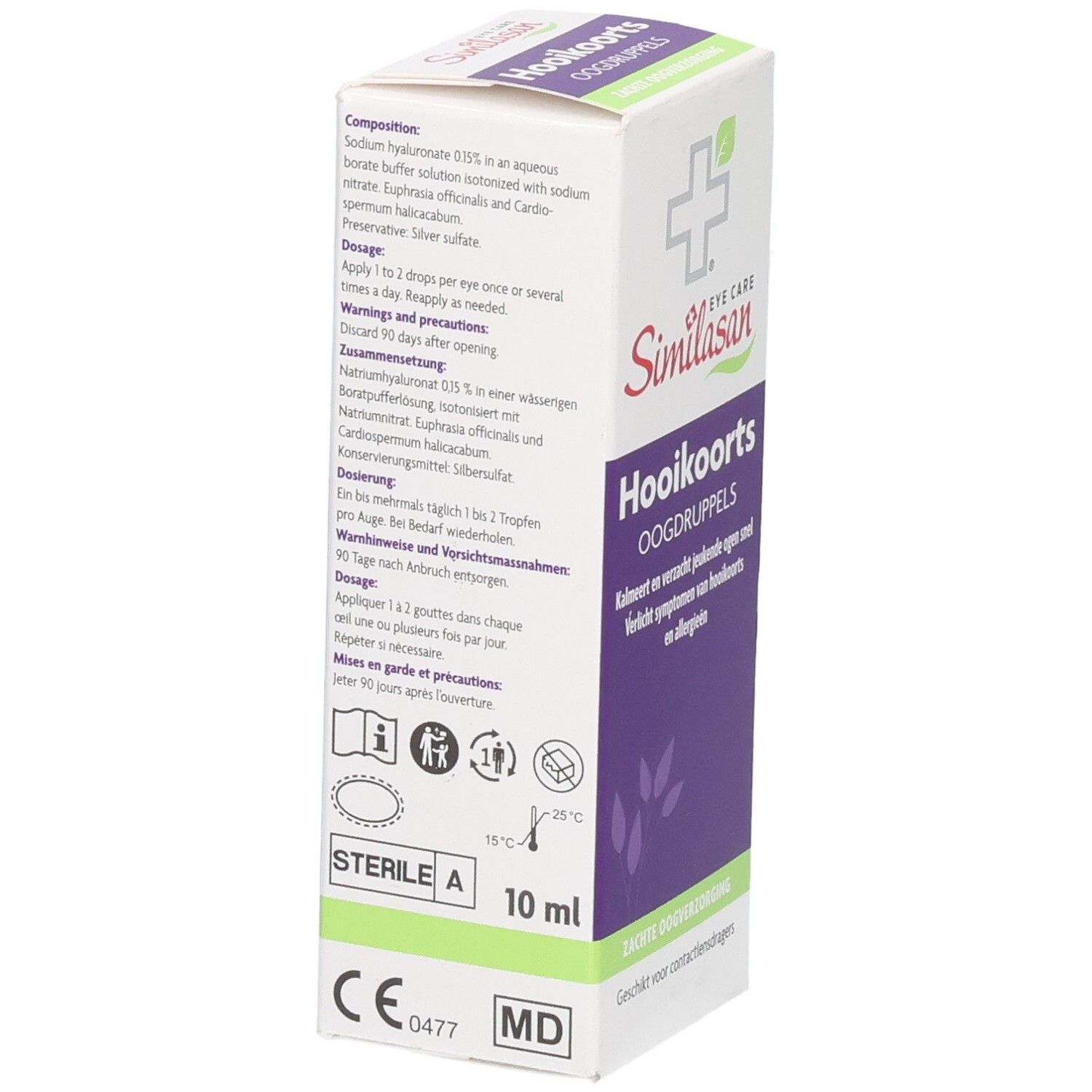 Similasan Rhume des foins Gouttes pour les yeux, emballage arrière avec composition et dosage.