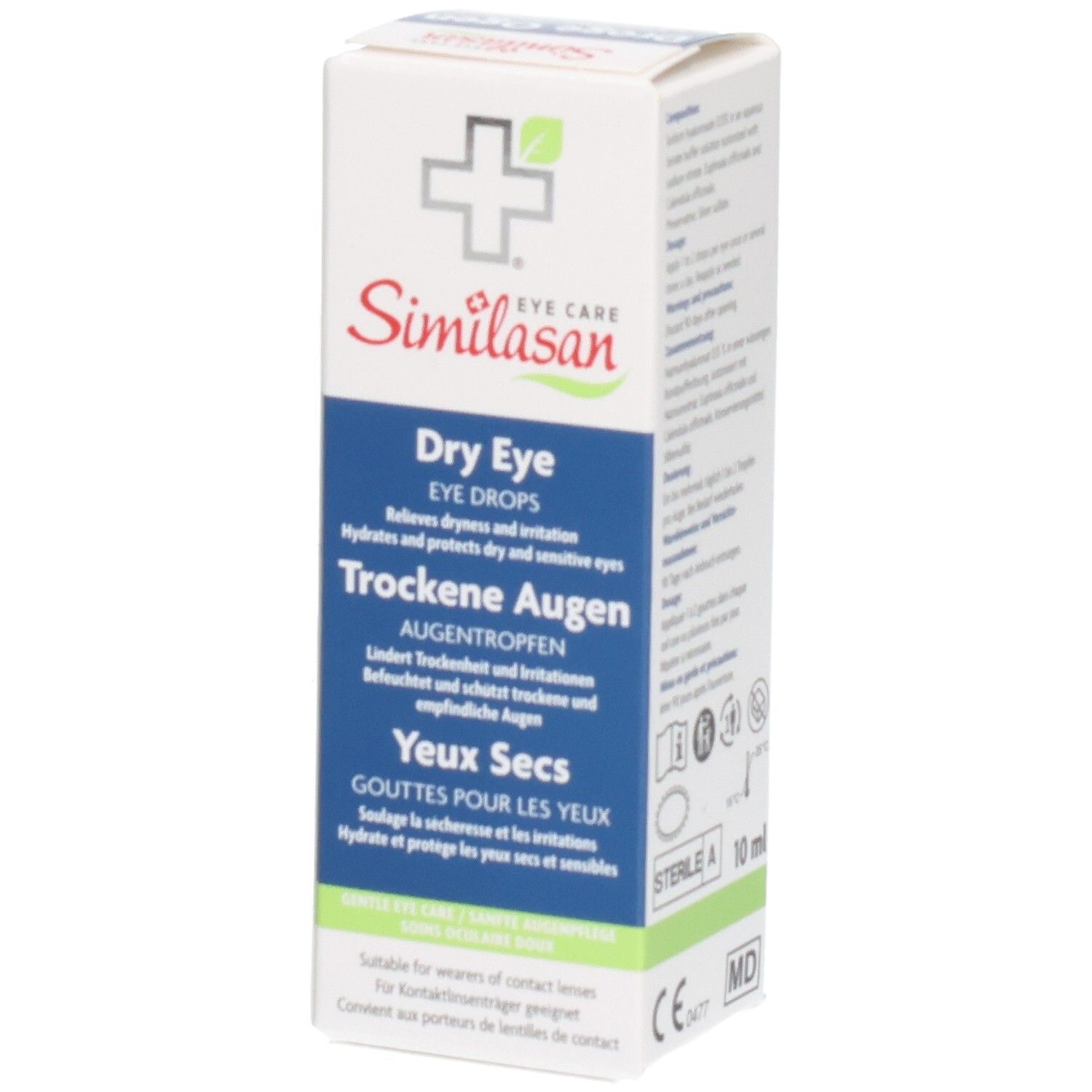 Emballage Similasan Yeux Secs Gouttes pour les yeux. Flacon et boîte de 10ml. Certifications CE et MD visibles.