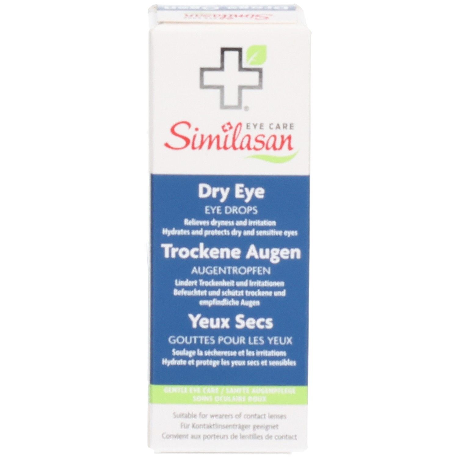 Emballage Similasan Yeux Secs Gouttes pour les yeux. Boîte avec inscriptions anglaises, allemandes et françaises. Certifications CE et MD visibles.