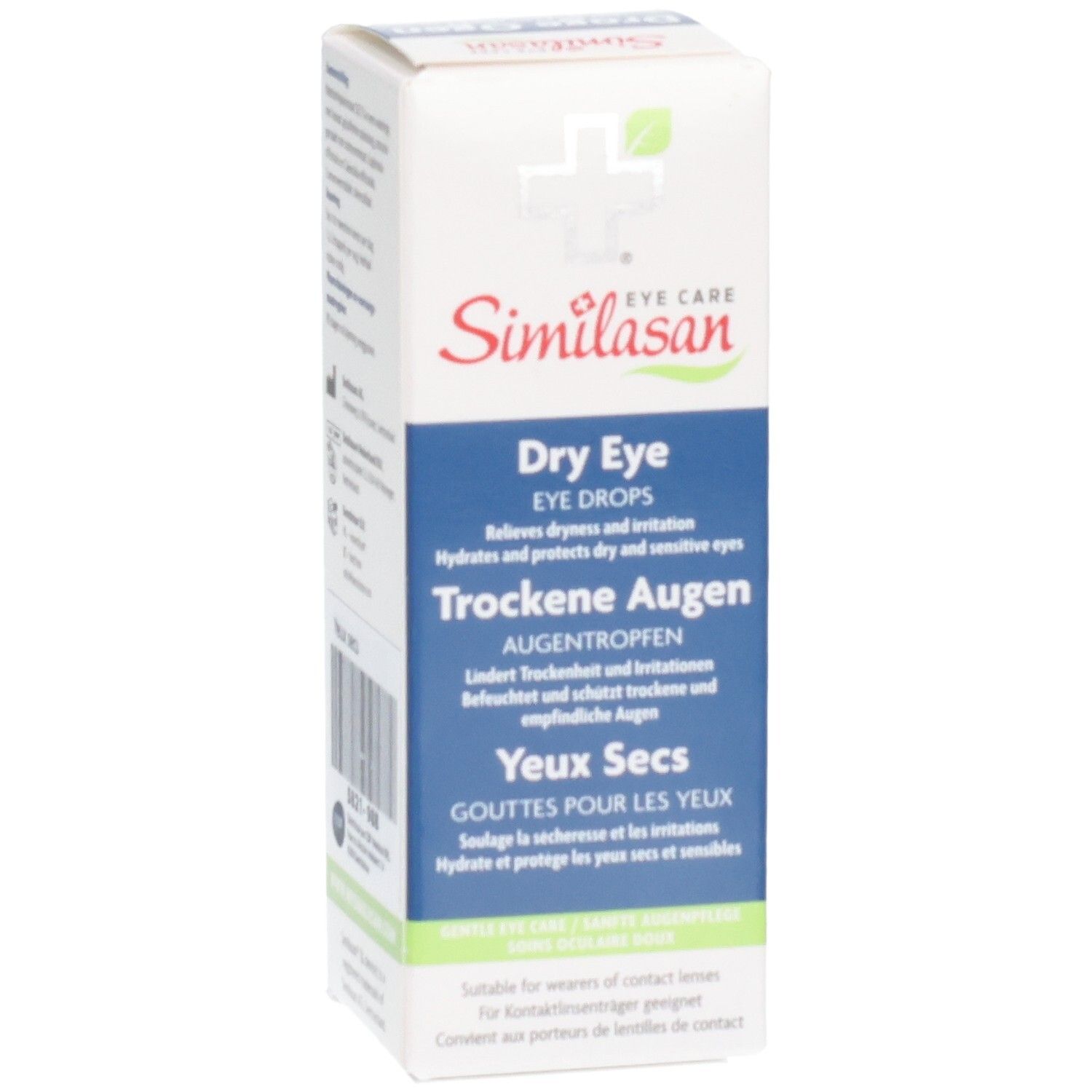 Emballage Similasan Yeux Secs Gouttes pour les yeux. Boîte avec inscriptions anglaises, allemandes et françaises. Certifications CE et MD visibles.
