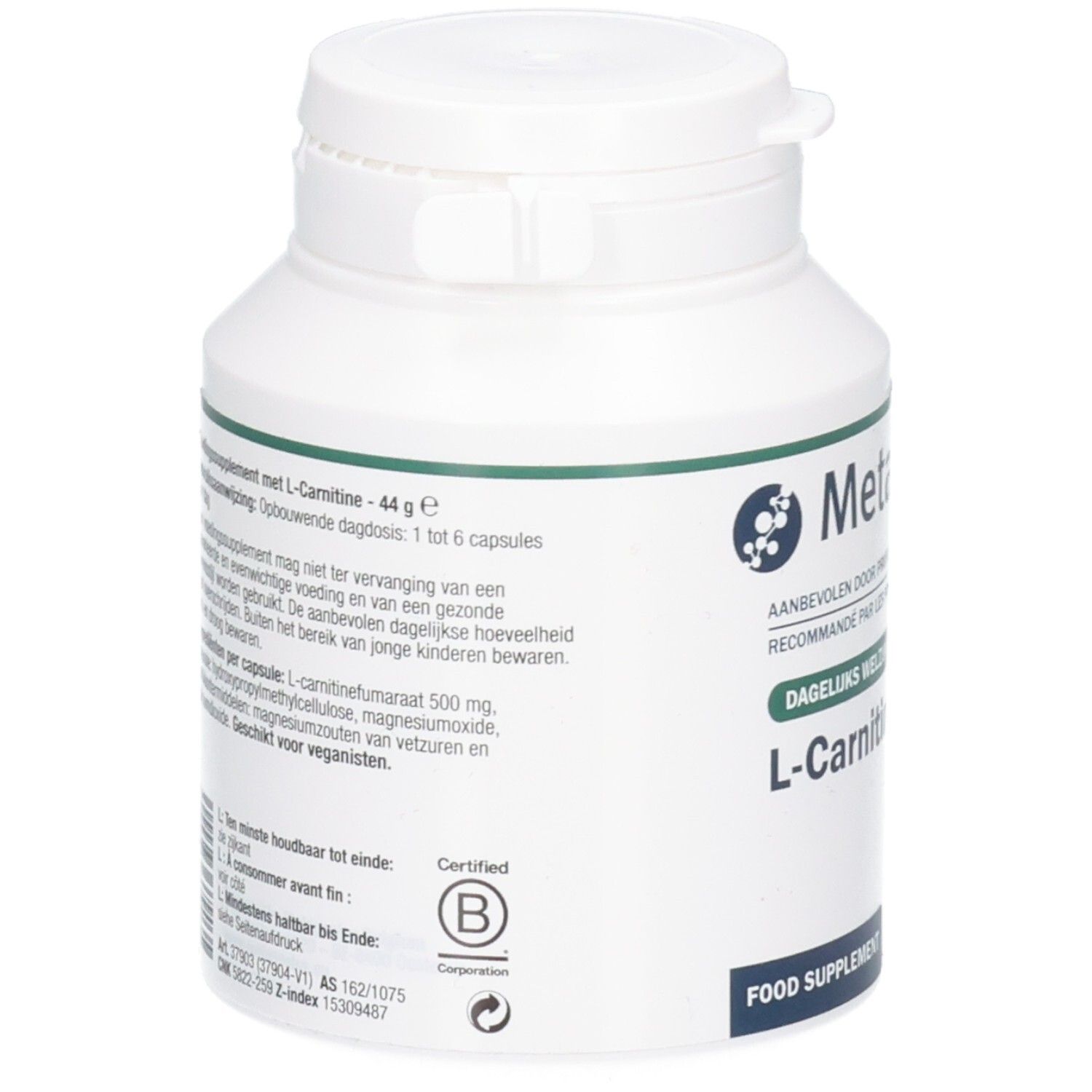 Arrière d'une bouteille Metagenics L-Carnitine avec informations produit et certifications.