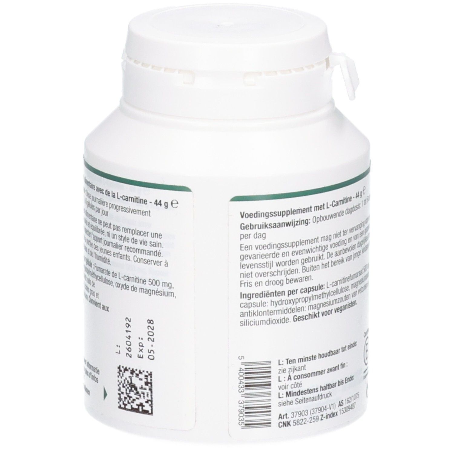 Vue latérale d'une bouteille Metagenics L-Carnitine avec numéro de lot et date d'expiration.