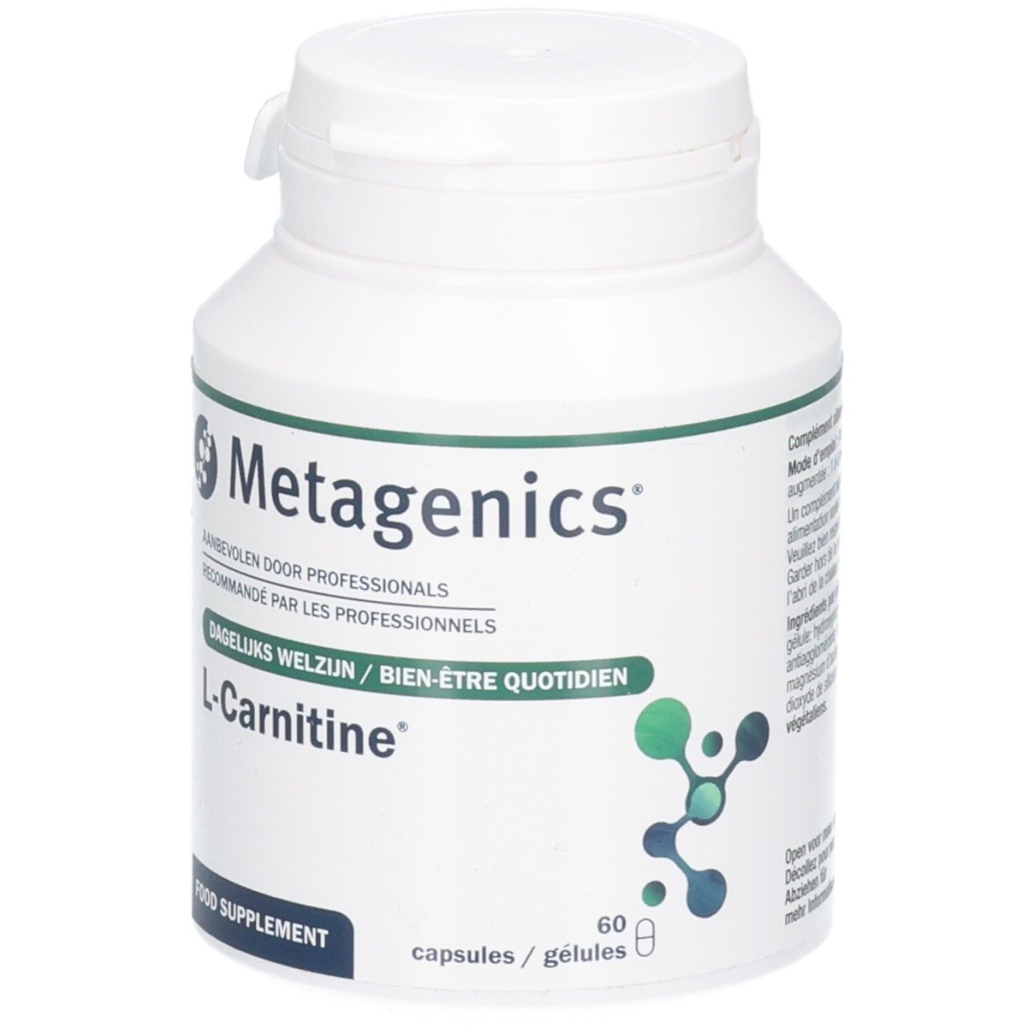 Bouteille Metagenics L-Carnitine de 60 gélules. Complément alimentaire.