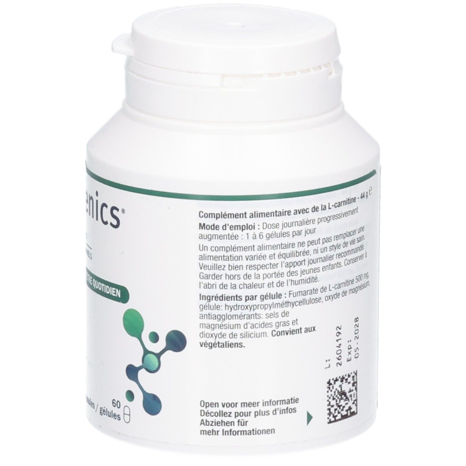 Arrière d'une bouteille Metagenics L-Carnitine avec instructions d'utilisation détaillées.