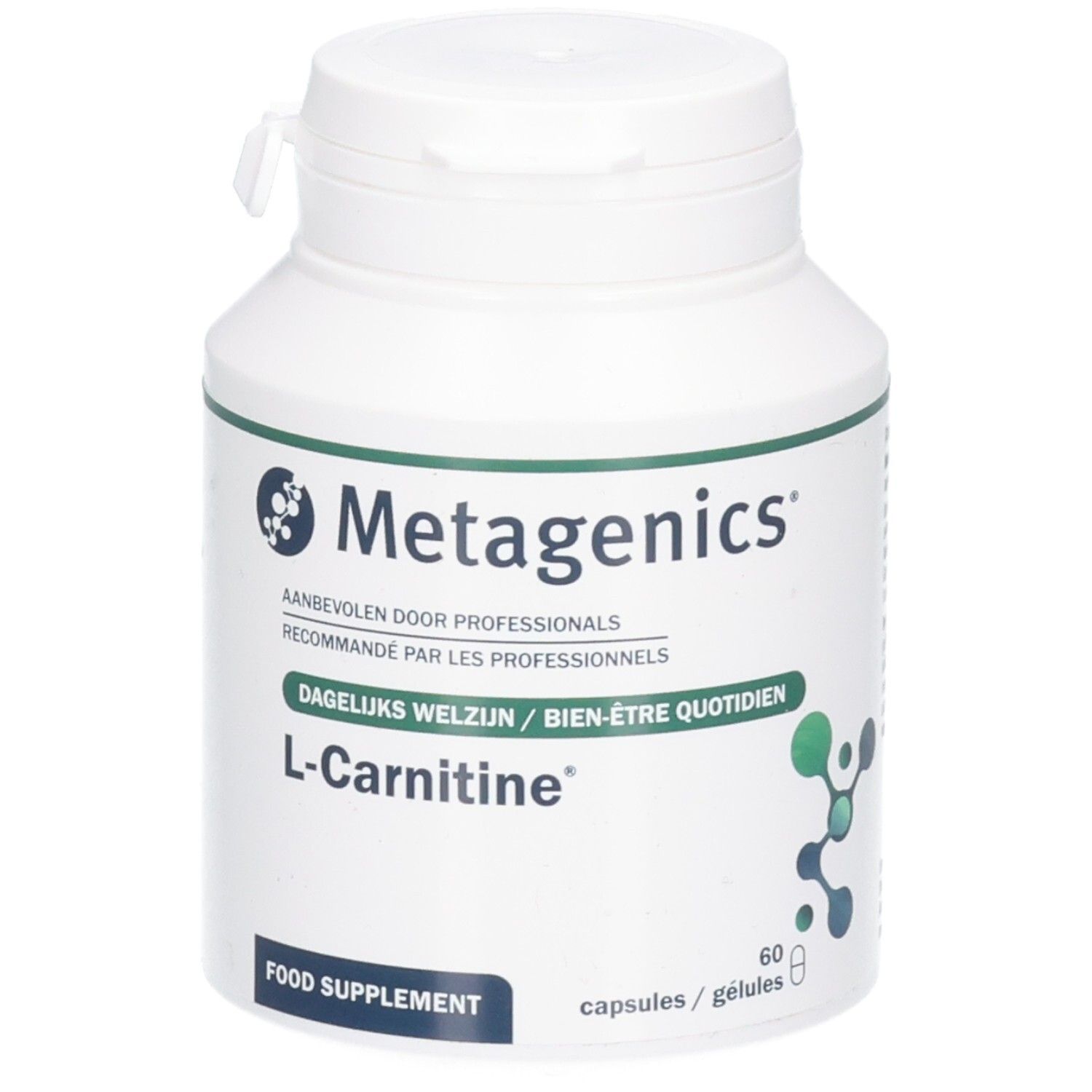 Bouteille Metagenics L-Carnitine de 60 gélules. Complément alimentaire.