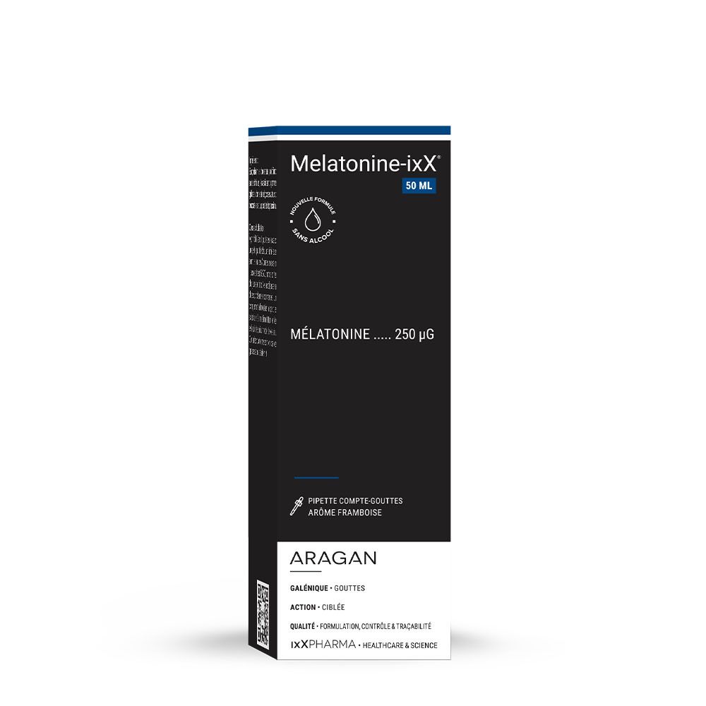 Emballage : "Melatonine-ixX" 50 ML, "Mélatonine .... 250 µg", pipette, arôme framboise.