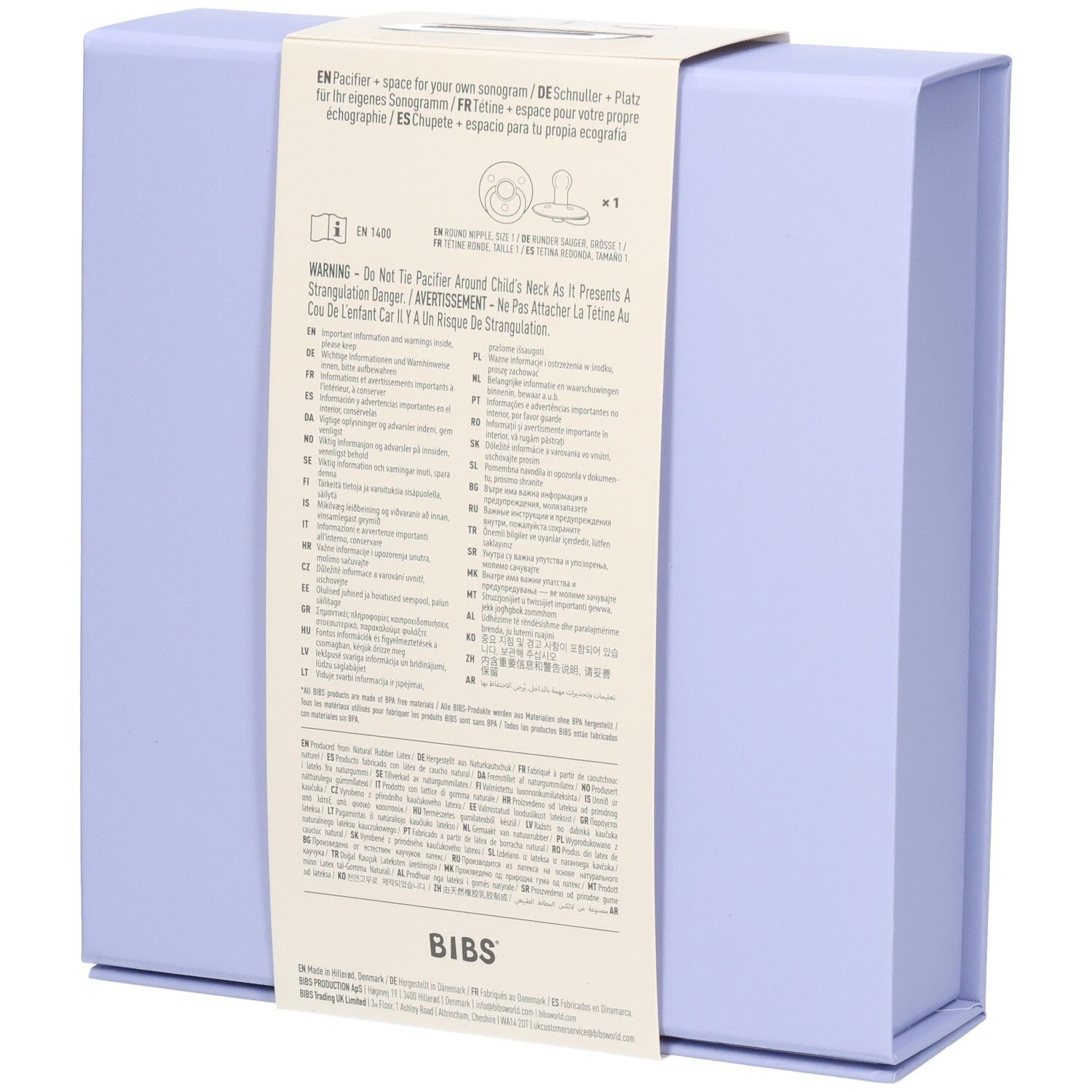 Coffret cadeau bleu clair avec texte sur une bande blanche. Avertissements et informations sur le produit imprimés.