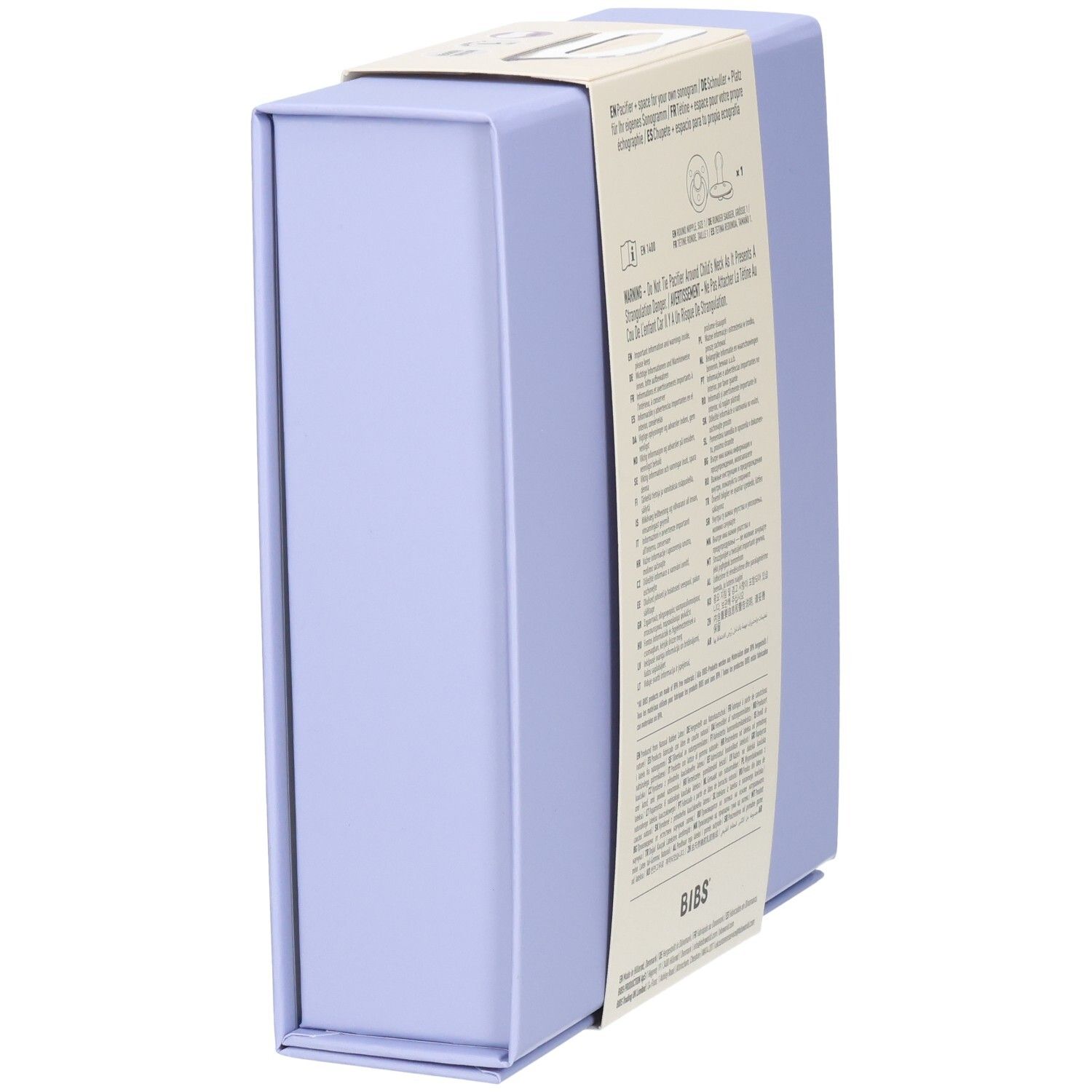 Coffret cadeau bleu clair, vu en biais, avec texte sur une bande blanche.