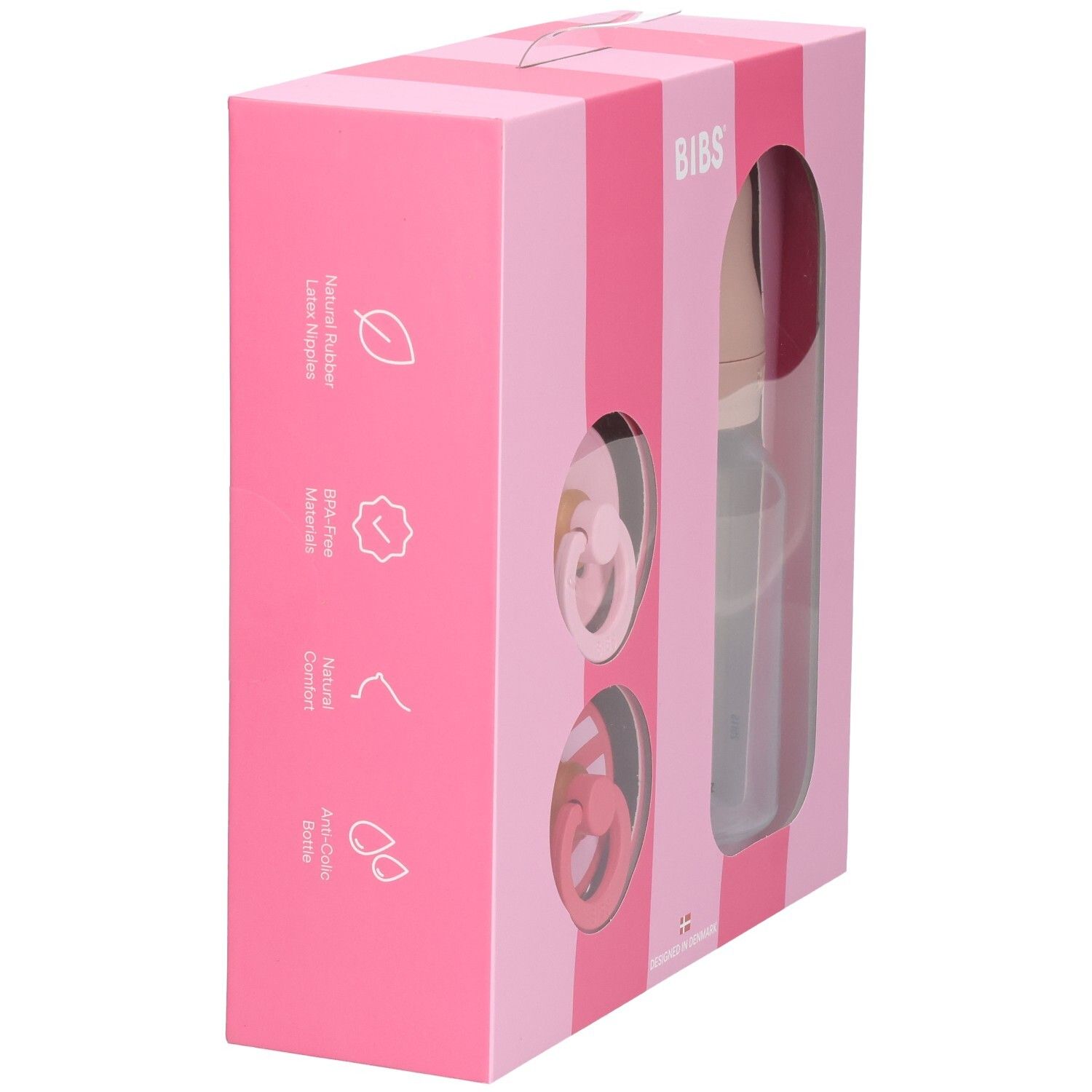 Coffret cadeau rose avec illustrations et icônes. Logo BIBS. Texte: Caoutchouc naturel, sans BPA, confort naturel.