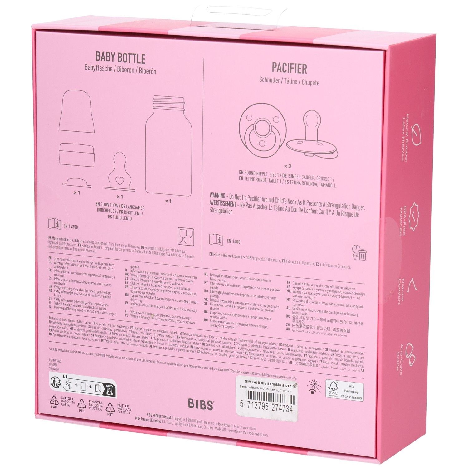 Dos du coffret cadeau rose. Illustrations et texte. Logo BIBS. Avertissements et instructions d'utilisation.