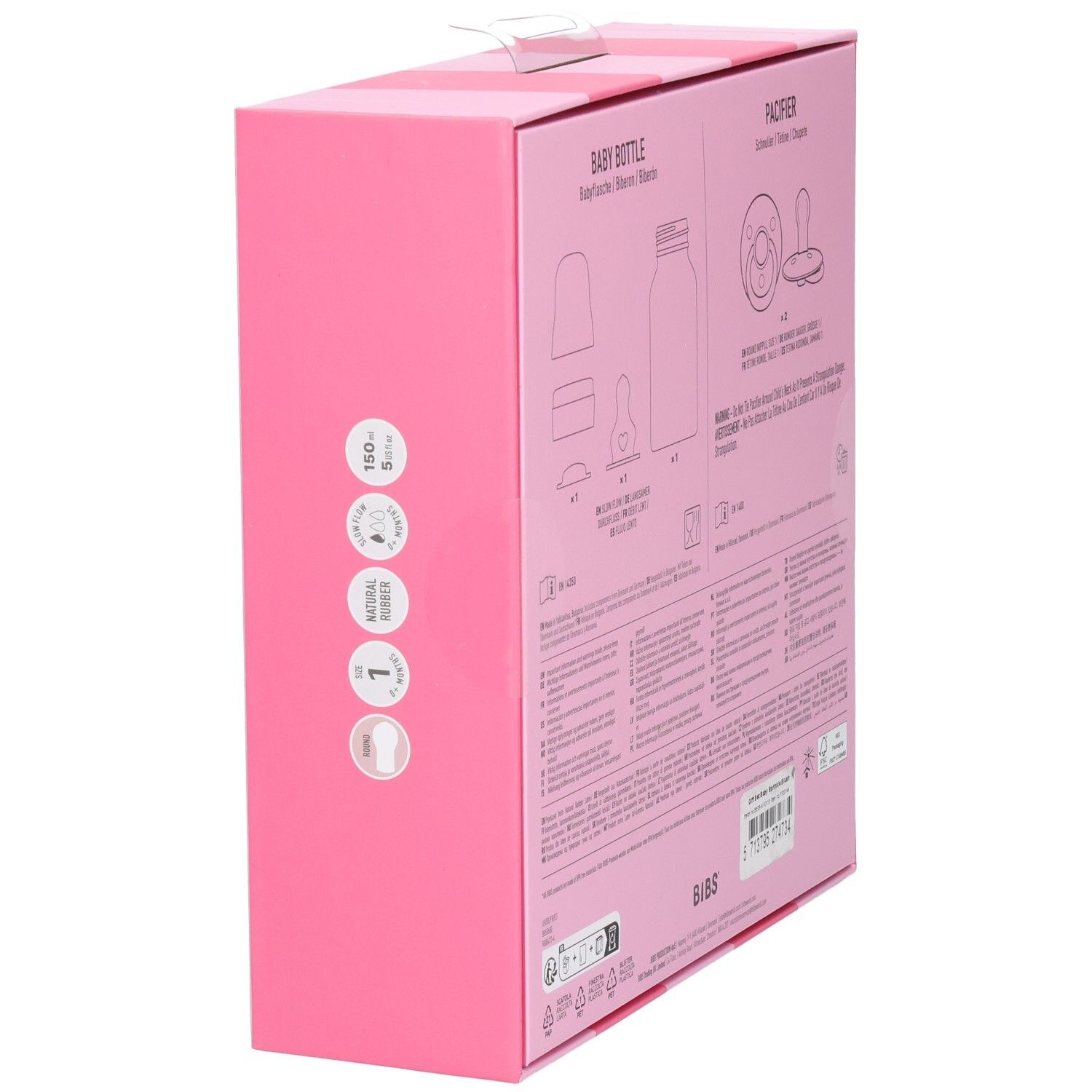 Côté du coffret cadeau rose. Illustrations et texte. Logo BIBS. Avertissements et instructions d'utilisation.