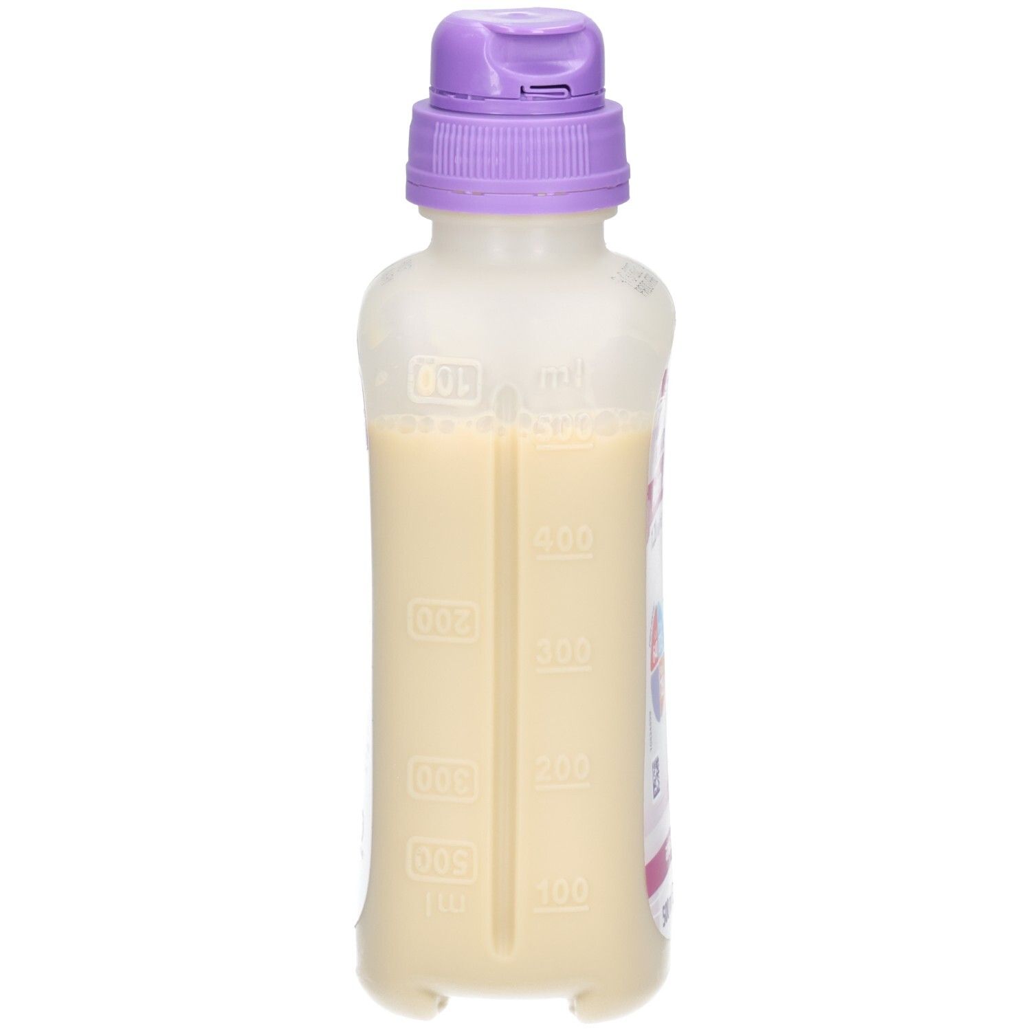 Bouteille de liquide, vue latérale avec échelle de mesure. Bouchon violet.