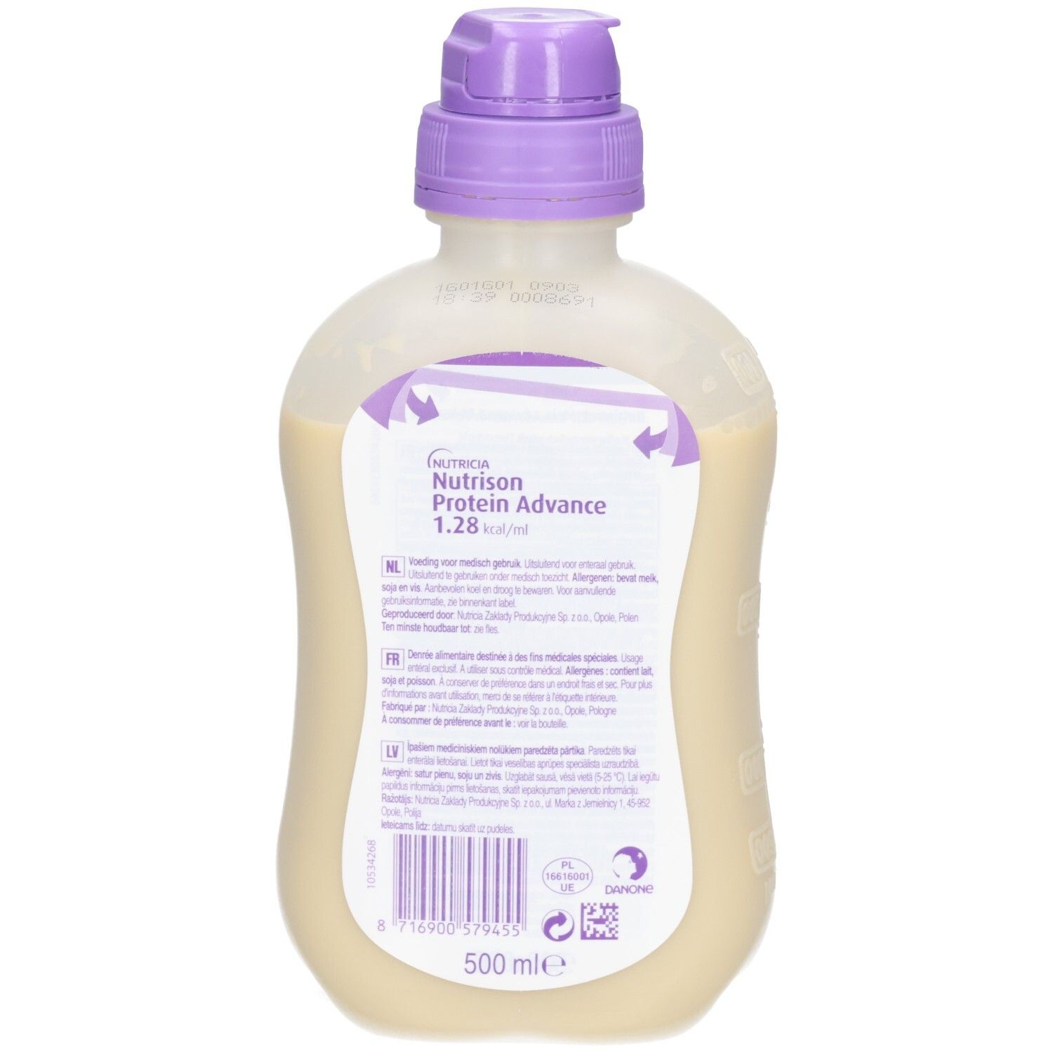 Bouteille de liquide, dos avec informations produit. Bouchon violet.