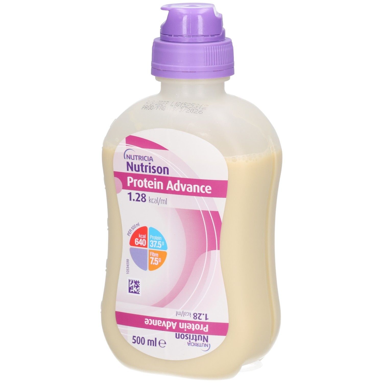 Bouteille de liquide. Étiquette avec informations produit : Nutricia Protein Advance, 1,28 kcal/ml. Bouchon violet.