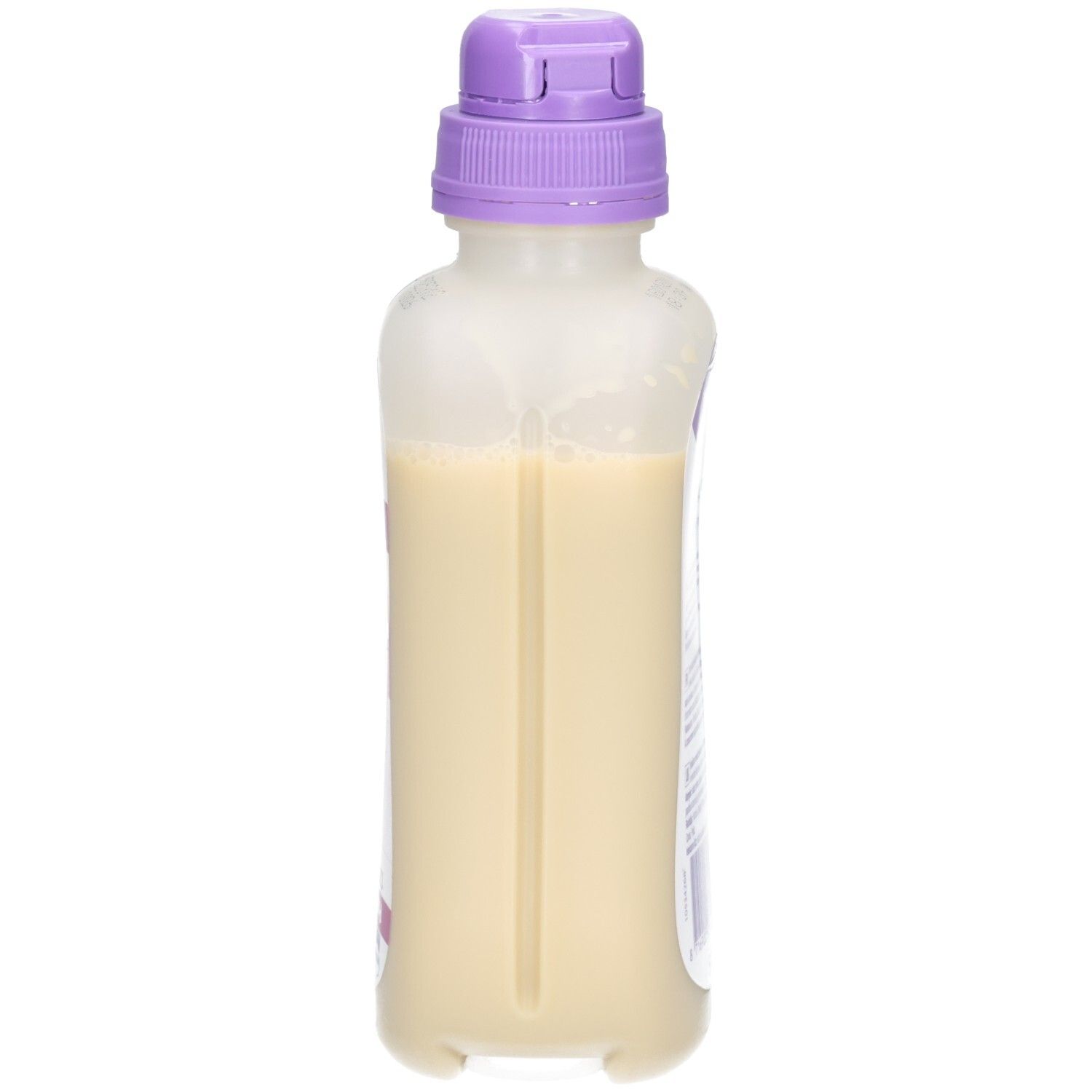 Bouteille de liquide, vue latérale avec échelle de mesure. Bouchon violet.