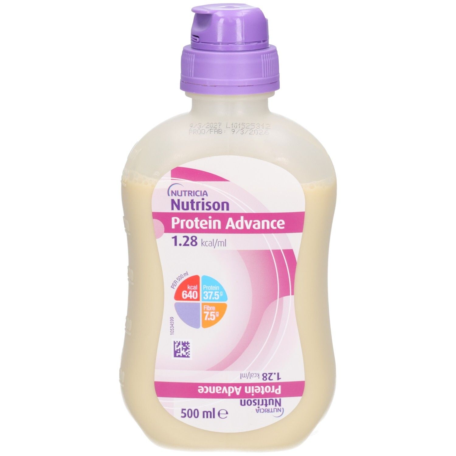 Bouteille de liquide. Étiquette avec informations produit : Nutricia Protein Advance, 1,28 kcal/ml. Bouchon violet.