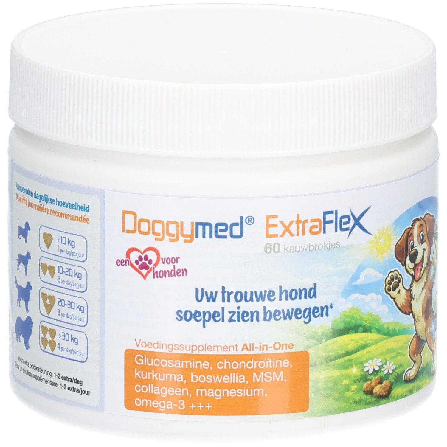 Pot blanc DoggyMed ExtraFlex, 60 bouchées. Contient glucosamine, chondroïtine, curcuma, boswellia, MSM, collagène, magnésium, oméga-3.