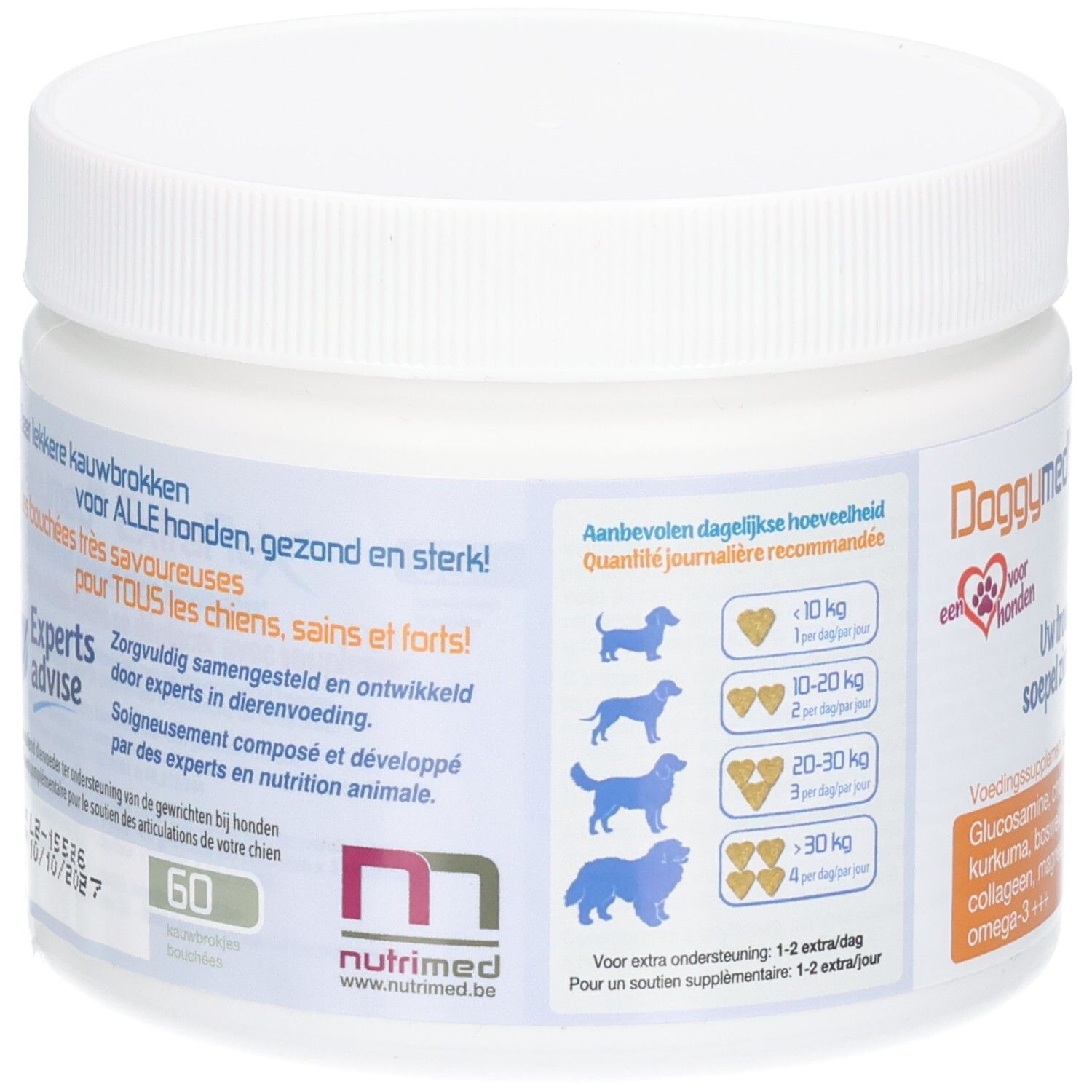 Dos de la boîte blanche. Informations sur les recommandations de dosage et les ingrédients. Marque Nutrimed.