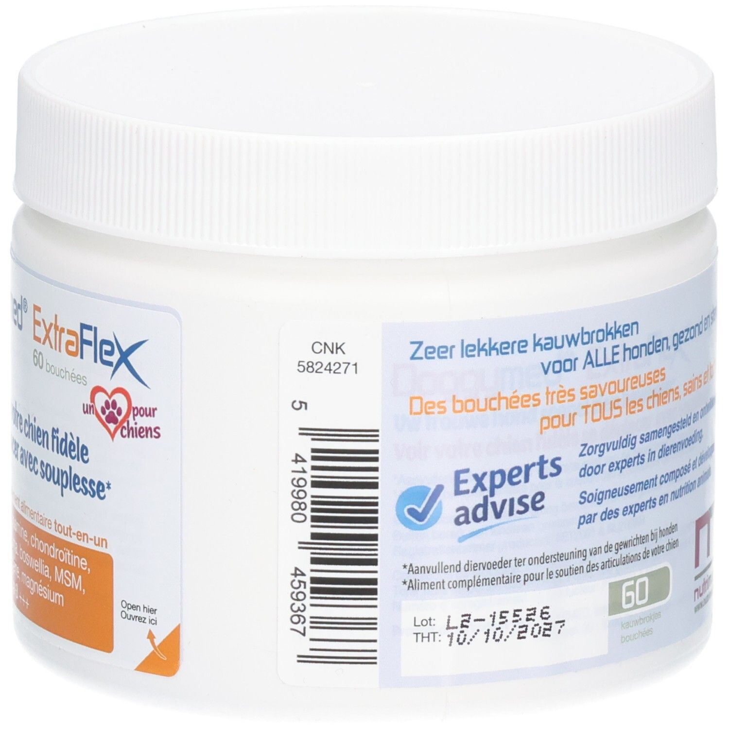 Pot blanc DoggyMed ExtraFlex, 60 bouchées. Informations sur les ingrédients et le numéro de lot.