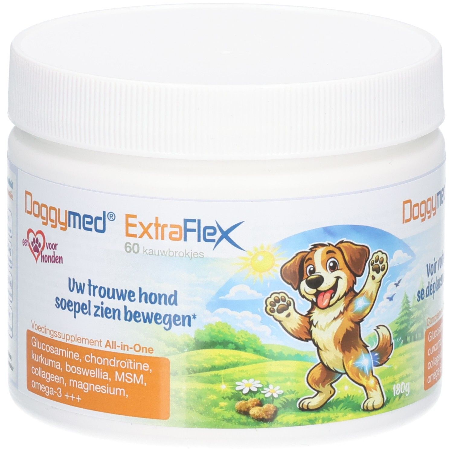 Pot blanc DoggyMed ExtraFlex, 60 bouchées. Illustration d'un chien souriant. Contient glucosamine, chondroïtine, curcuma, etc.