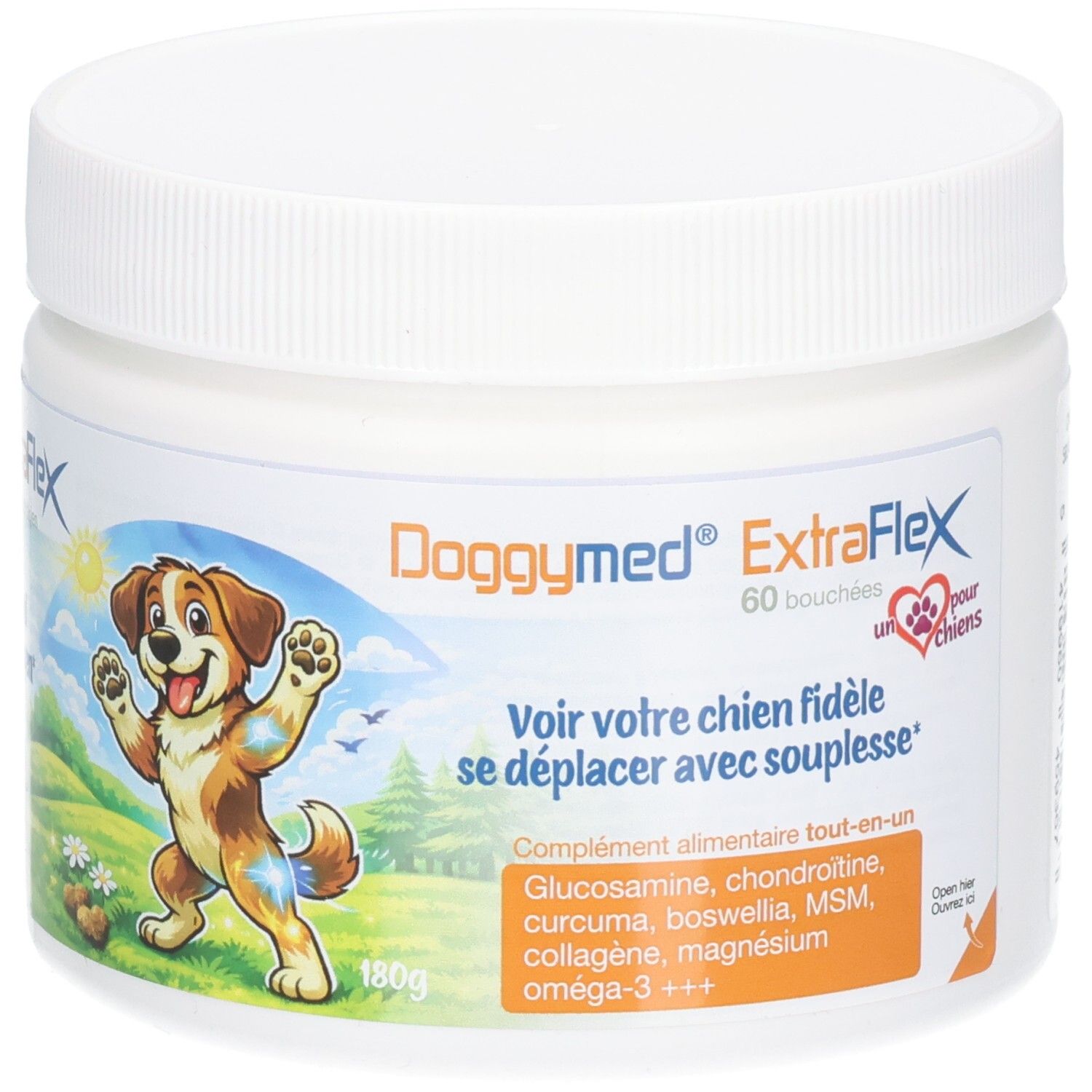 Pot blanc DoggyMed ExtraFlex, 60 bouchées. Illustration d'un chien. Contient glucosamine, chondroïtine, curcuma, etc. Poids : 180g.