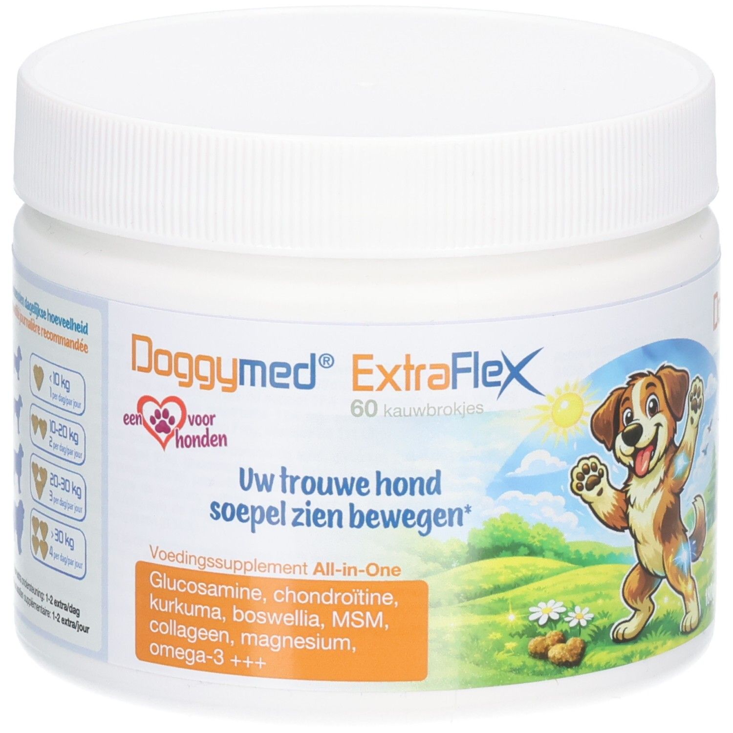 Pot blanc DoggyMed ExtraFlex, 60 bouchées. Illustration d'un chien souriant. Contient glucosamine, chondroïtine, curcuma, etc.