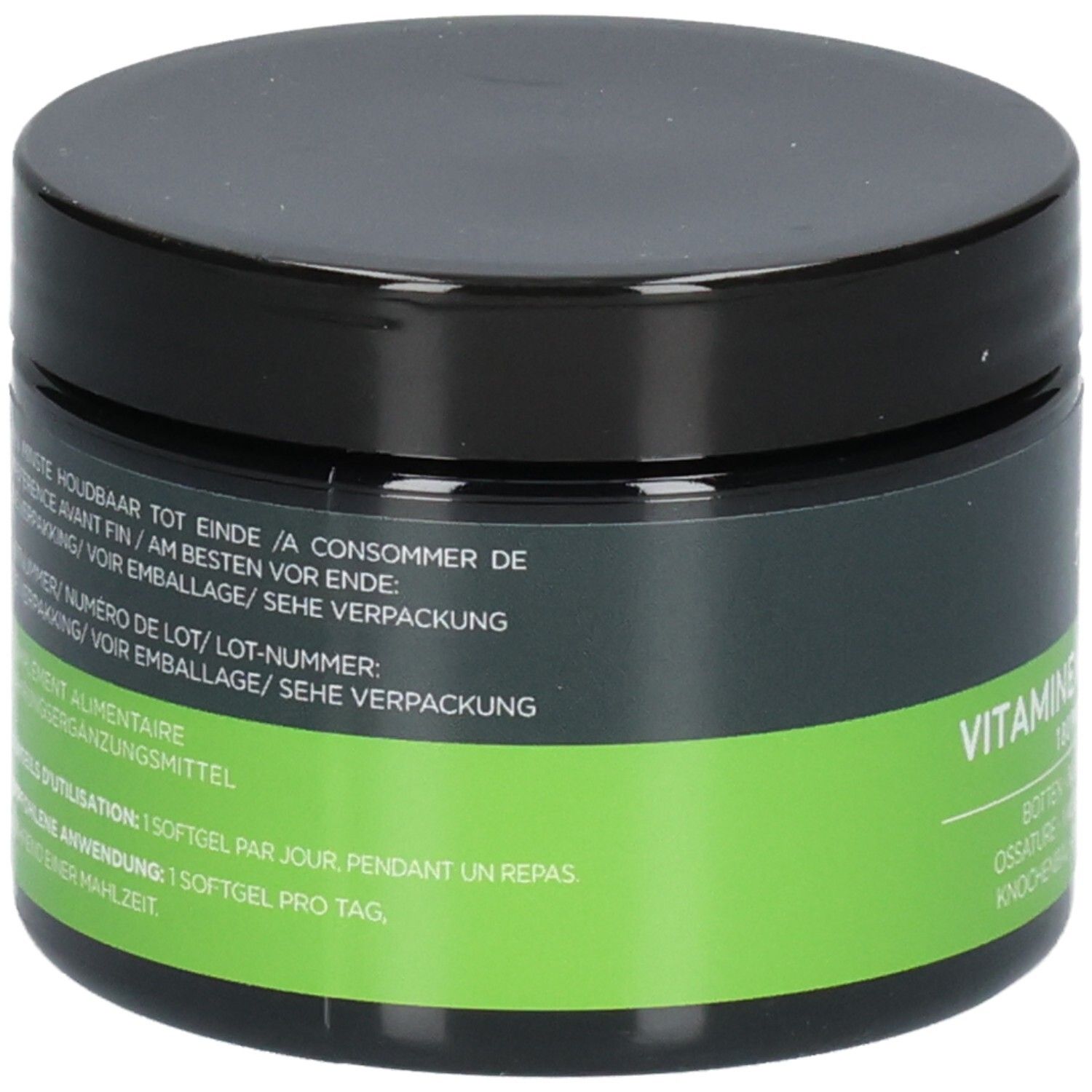 Contenant sombre avec couvercle noir, étiquette avec zones vertes et grises. Contient Vitamine K2 & D3 Forte.
