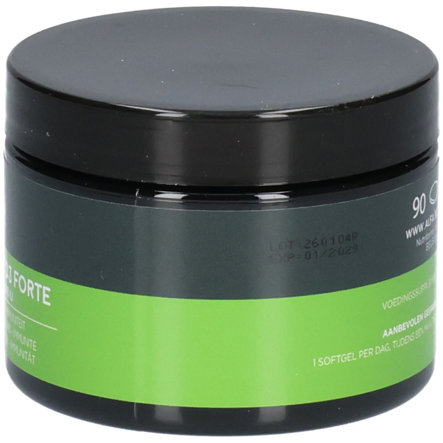 Contenant sombre avec couvercle noir. L'étiquette indique les dates 'LOT' et 'EXP'. Contient Vitamine K2 & D3 Forte.