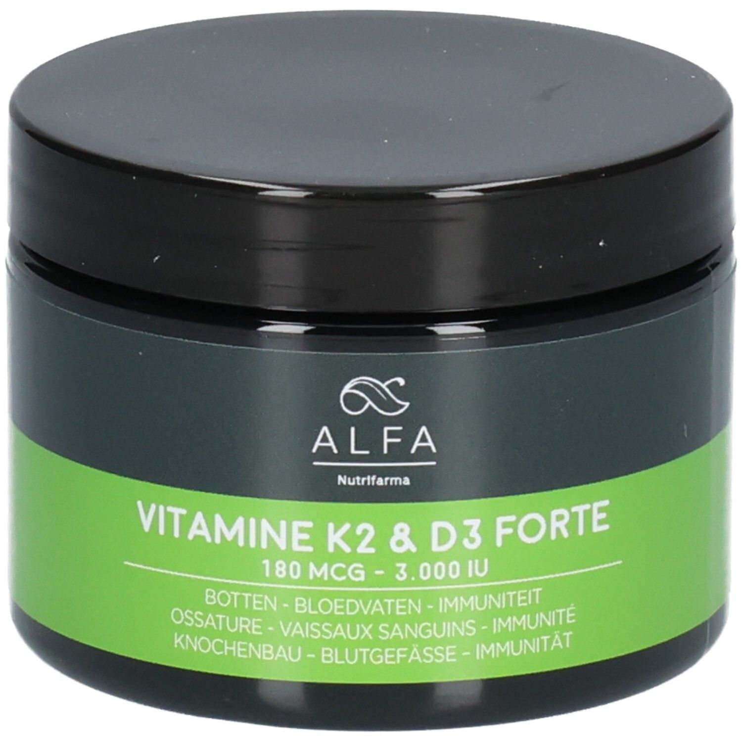 Contenant sombre avec couvercle noir. L'étiquette indique 'ALFA VITAMINE K2 & D3 FORTE', '180 mcg - 3.000 IU'.