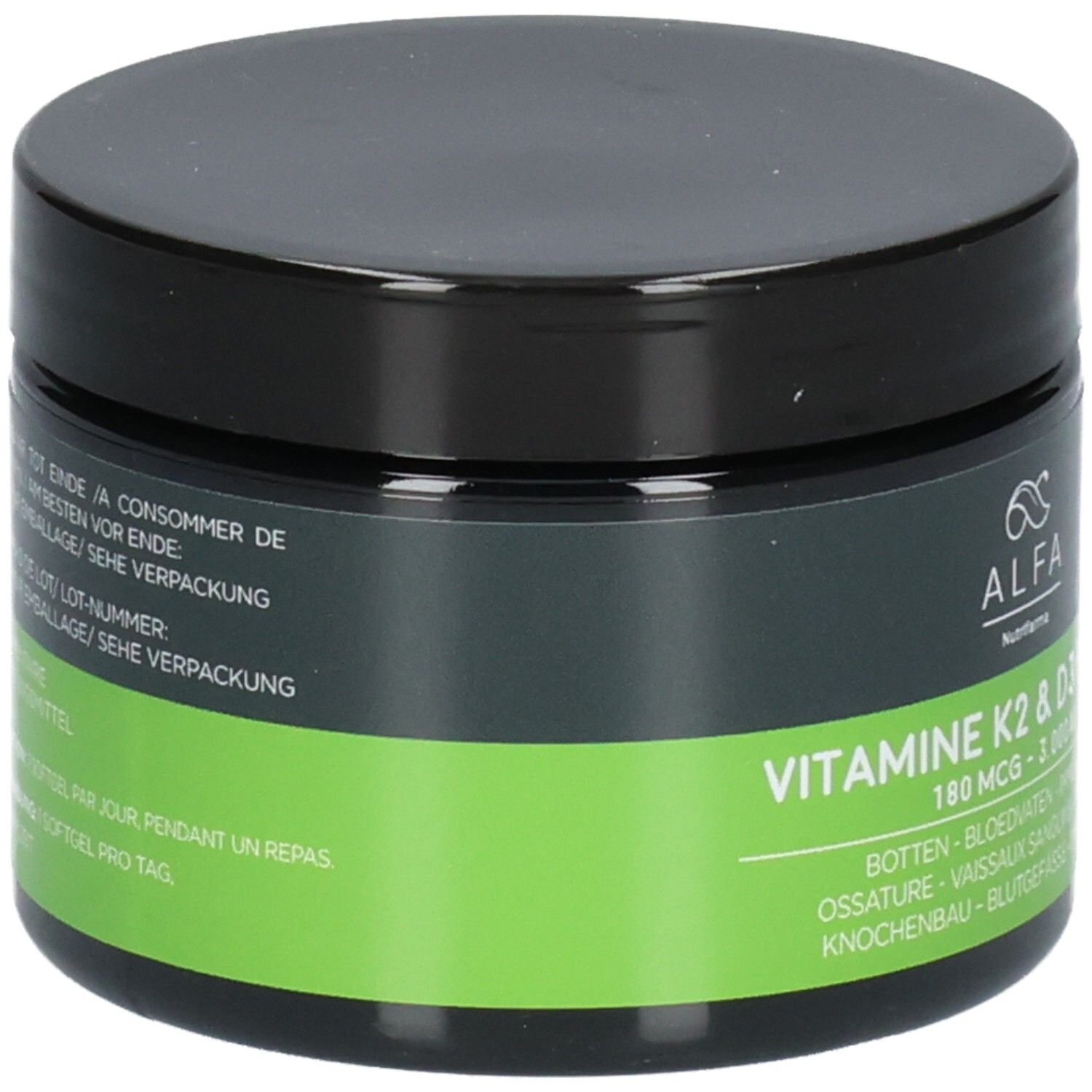Contenant sombre avec couvercle noir, étiquette avec zones vertes et grises. Contient Vitamine K2 & D3 Forte.