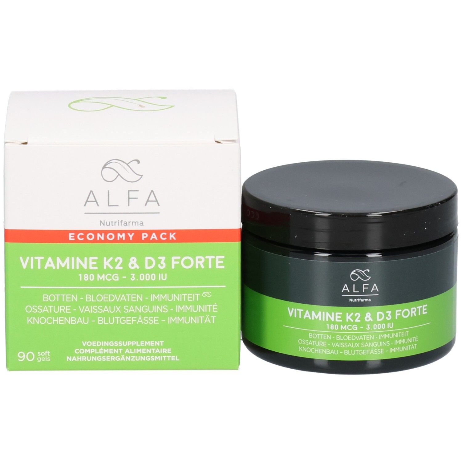Emballage et contenant de ALFA Vitamine K2 & D3 Forte. Contenant sombre avec couvercle noir. Boîte verte/blanche.