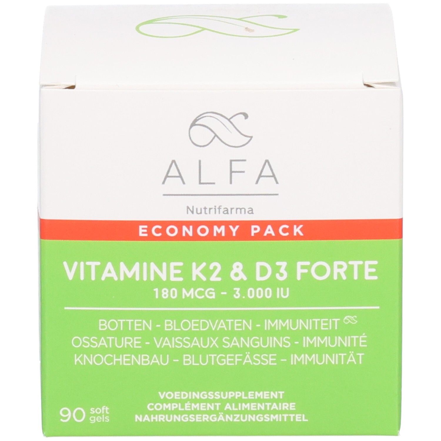 Boîte en carton verte et blanche pour ALFA Vitamine K2 & D3 Forte. Indique '90 soft gels'.