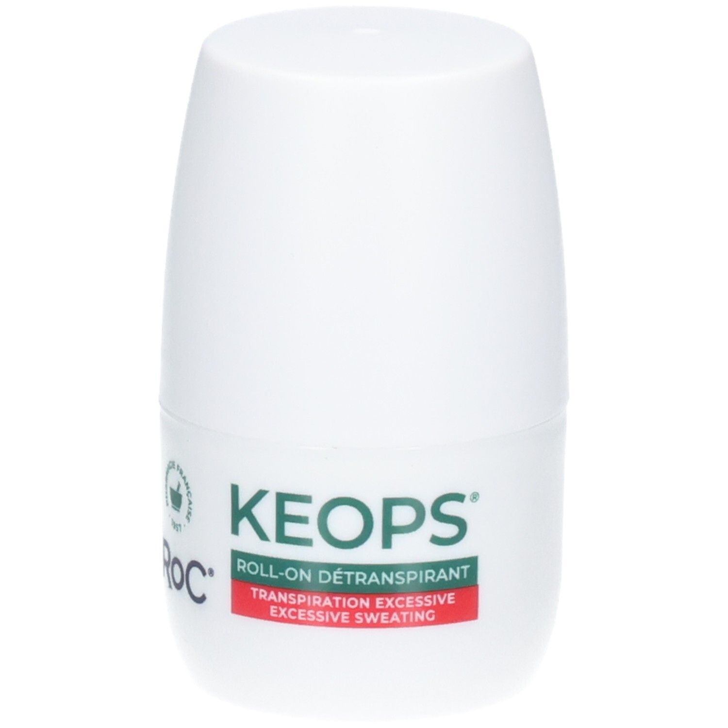 RoC Keops Roll-on Détranspirant, flacon blanc avec inscription verte et rouge.