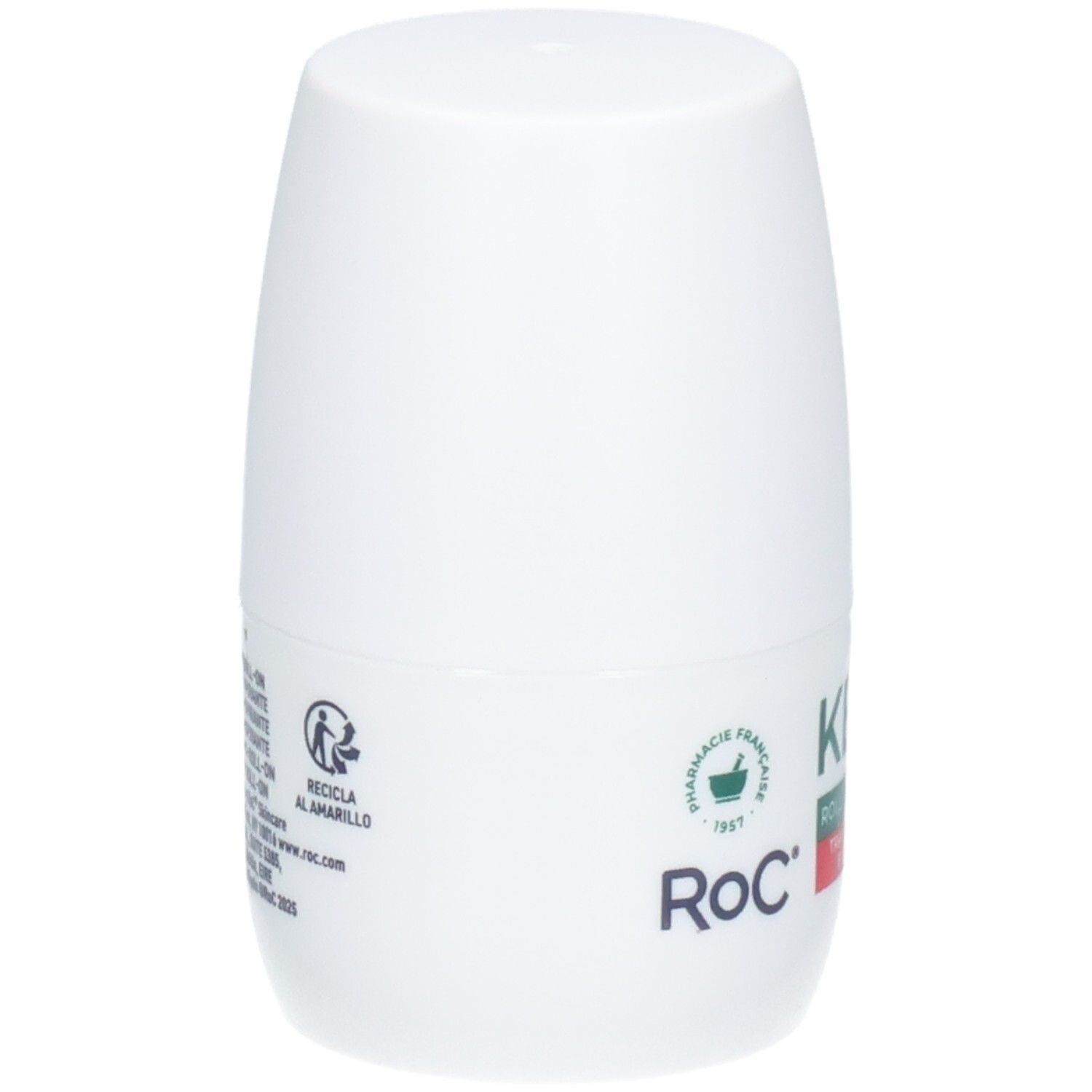 RoC Keops Roll-on Détranspirant, flacon blanc avec inscription verte et rouge et symbole de recyclage.
