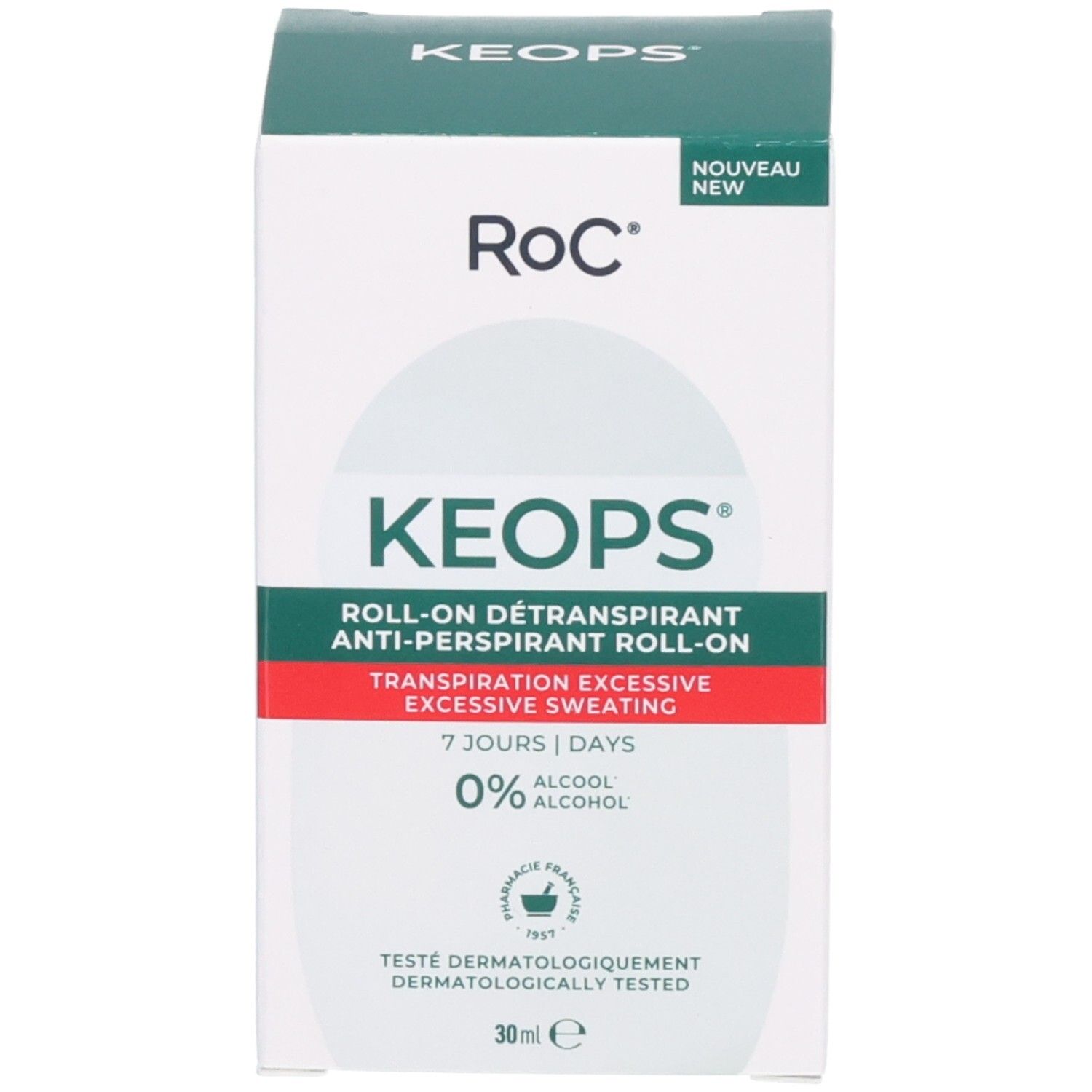Emballage du RoC Keops Roll-on Détranspirant, 30ml, 0% alcool, testé dermatologiquement.