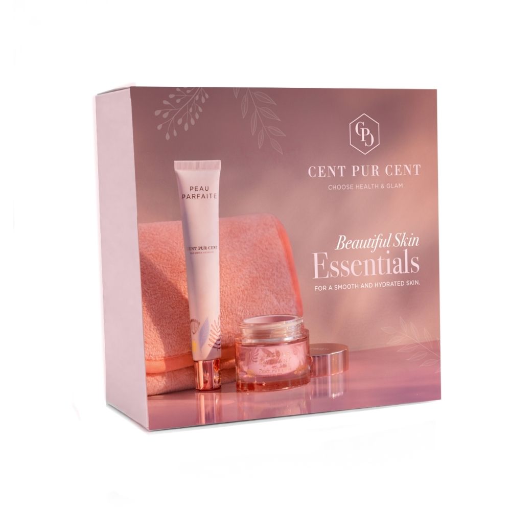 Boîte Cent Pur Cent : Tube Peau Parfaite, pot en verre, serviette éponge.