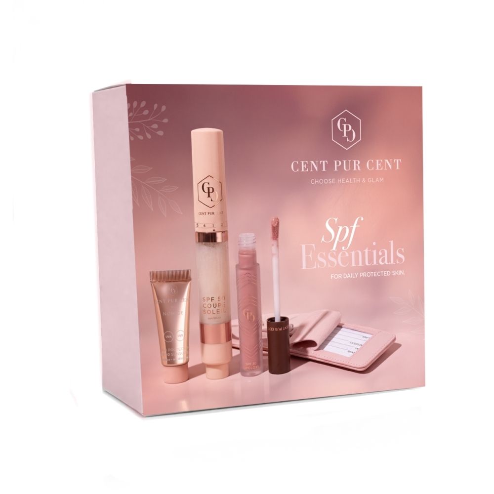 Boîte Cent Pur Cent SPF Essentials avec protection solaire, rouge à lèvres et miroir.