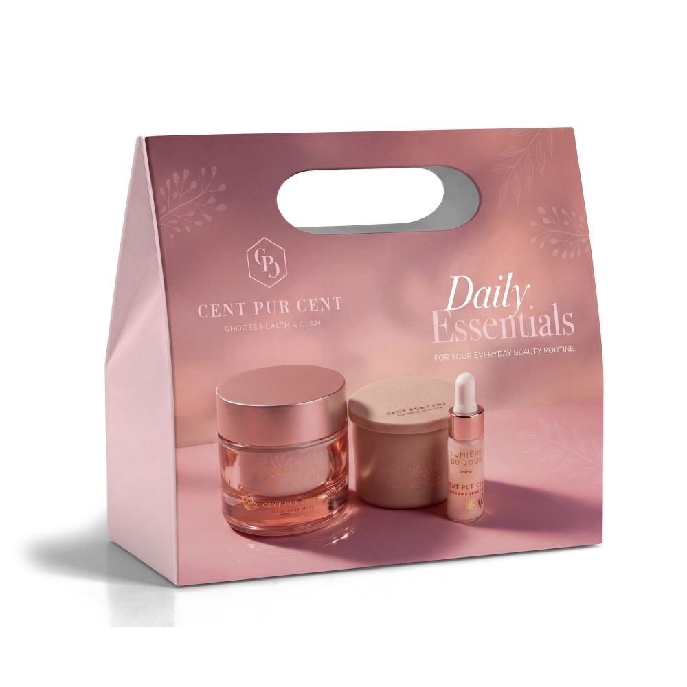 Coffret cadeau Cent Pur Cent Daily Essentials avec pot, boîte et sérum.