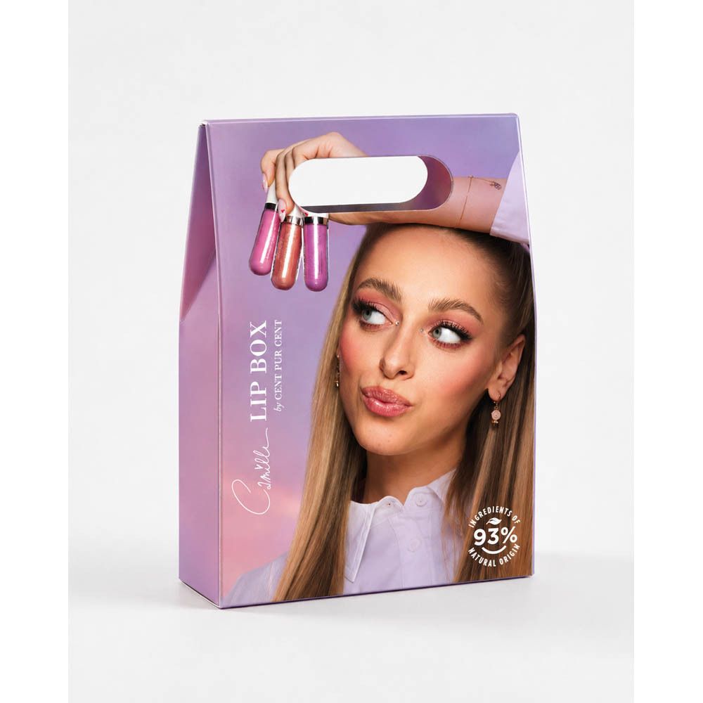Boîte à lèvres Cent Pur Cent Camille avec trois produits pour les lèvres et le portrait d'une jeune femme.