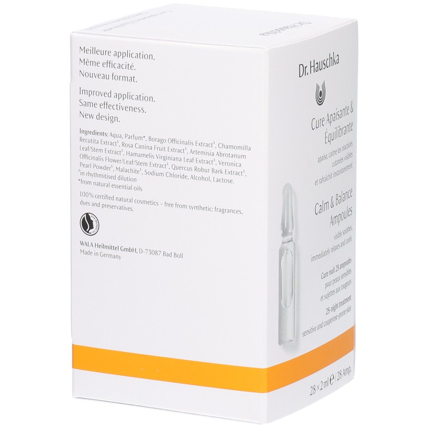 Dos de la boîte Dr. Hauschka Cure Apaisante & Équilibrante avec ingrédients et certifications.