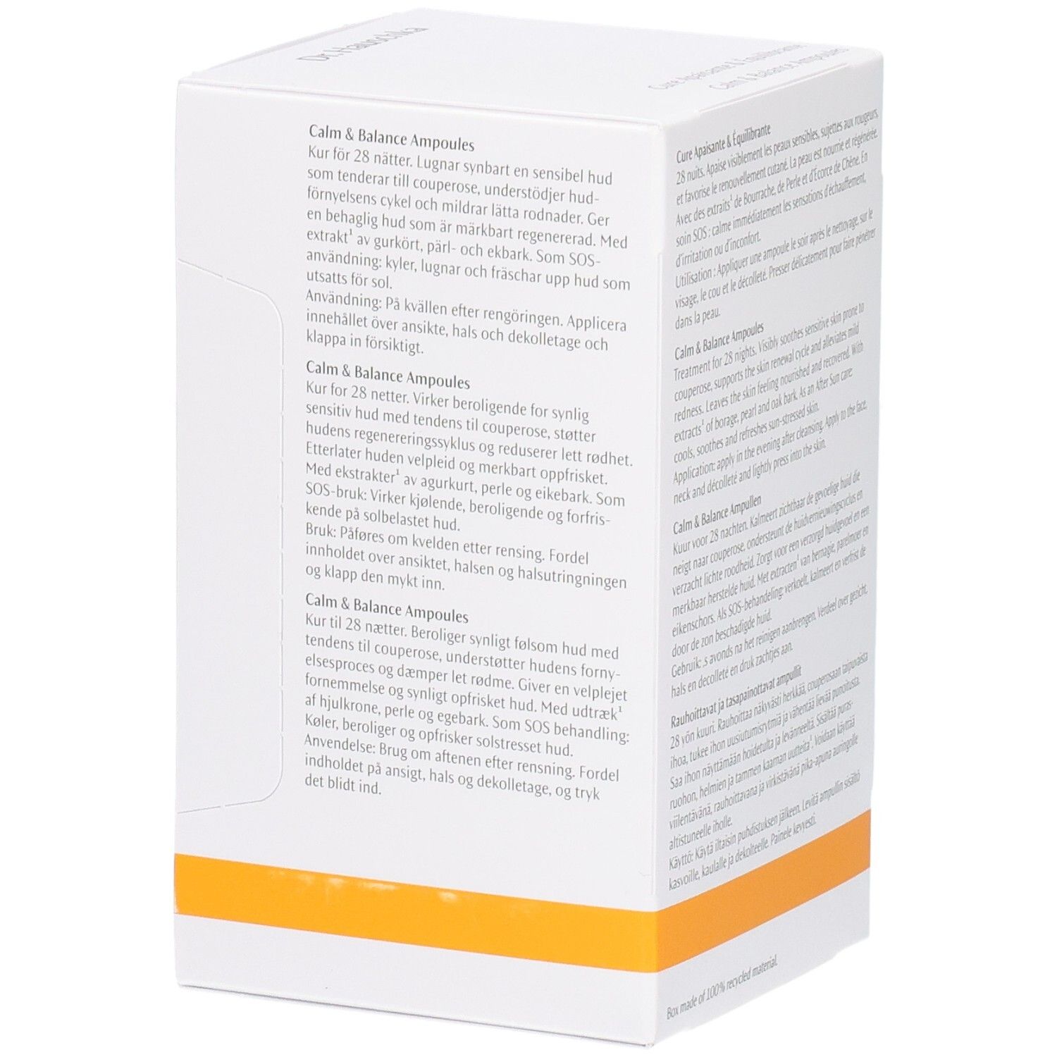 Vue latérale de la boîte Dr. Hauschka Cure Apaisante & Équilibrante avec informations produit multilingues.