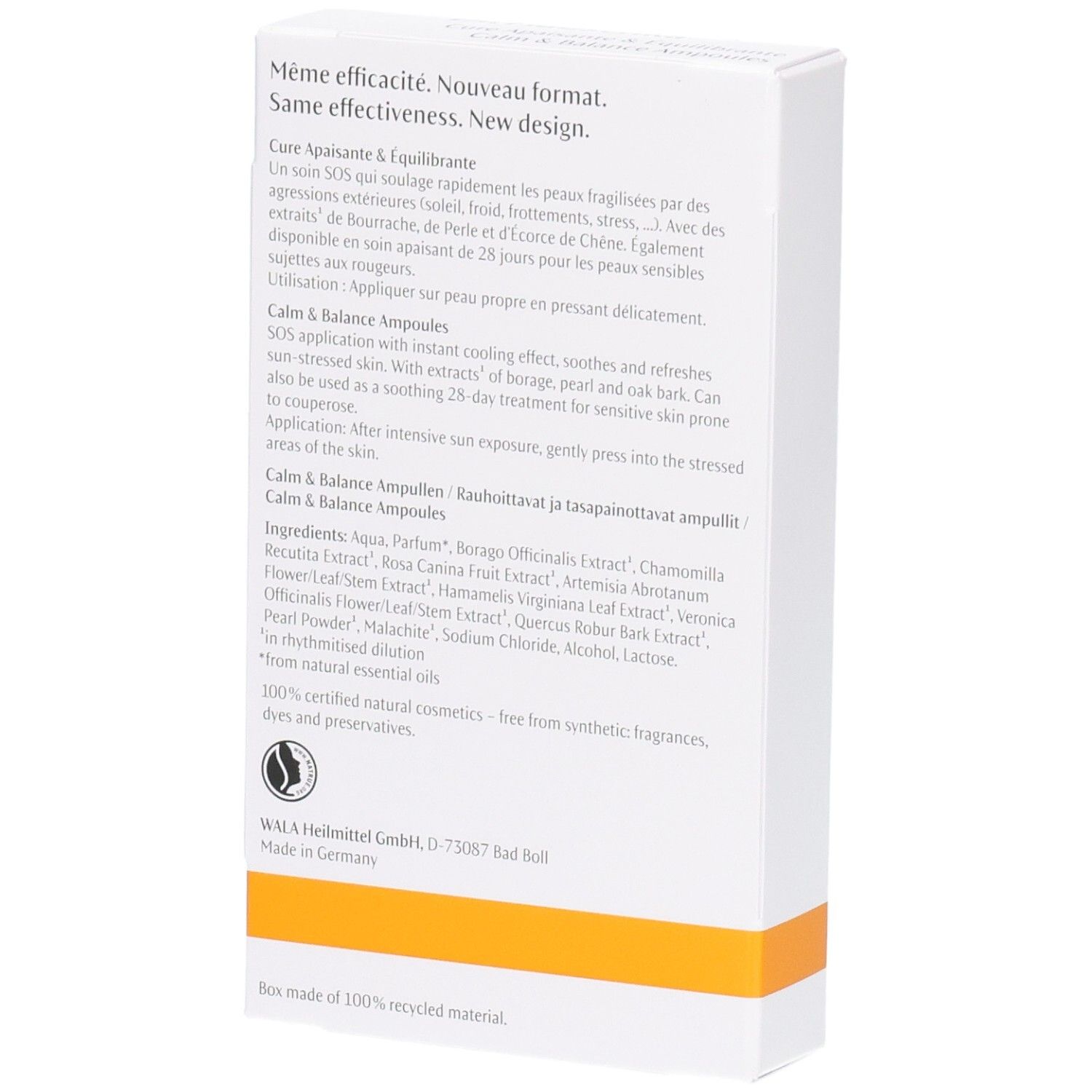 Dr. Hauschka Calm & Balance Ampoules. Arrière de la boîte avec ingrédients. 7x2ml.