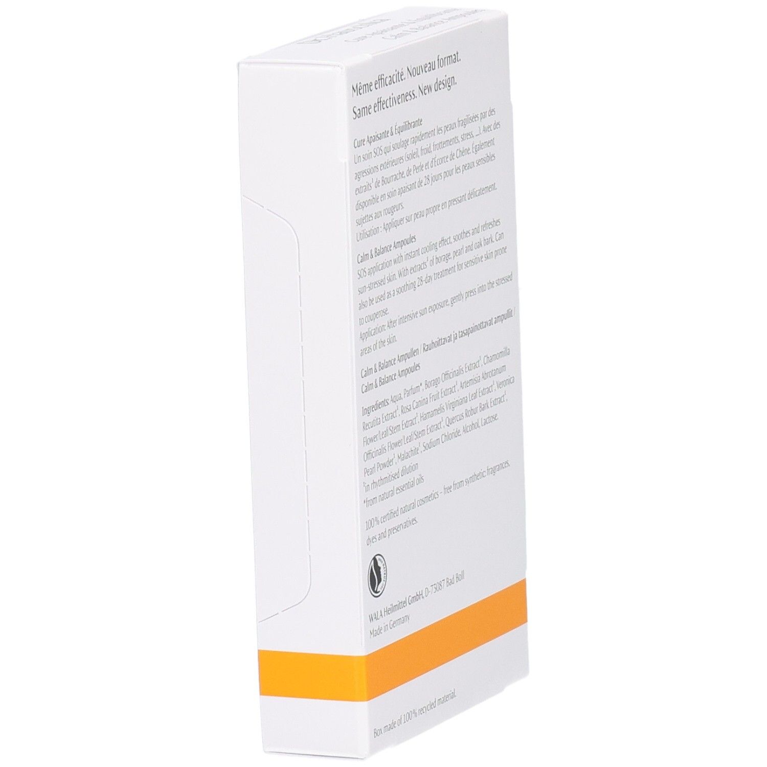 Dr. Hauschka Calm & Balance Ampoules. Boîte, vue arrière. 7x2ml.