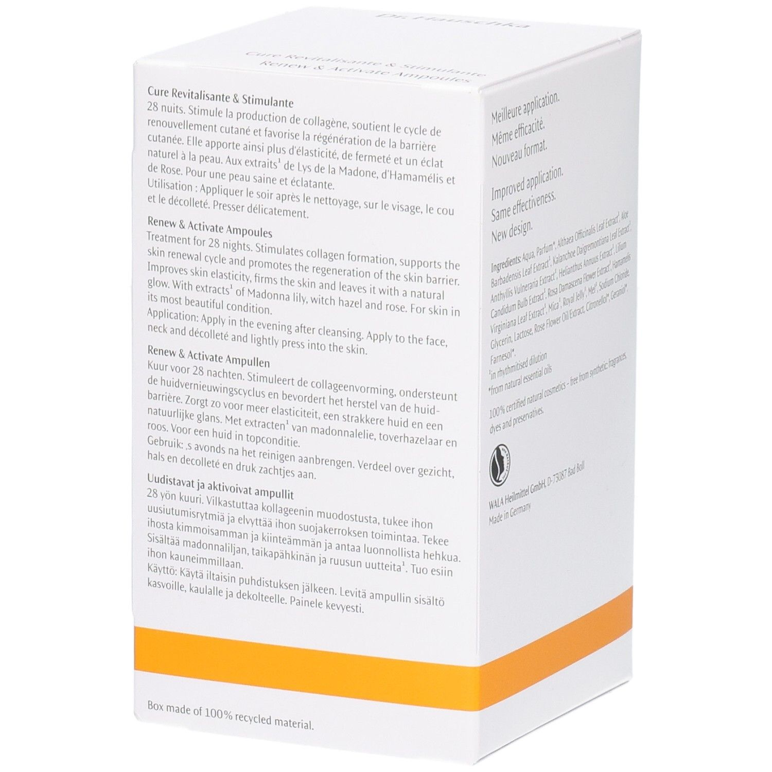 Dr. Hauschka Renew & Activate Ampoules: Vue latérale avec instructions et ingrédients. 28 ampoules.