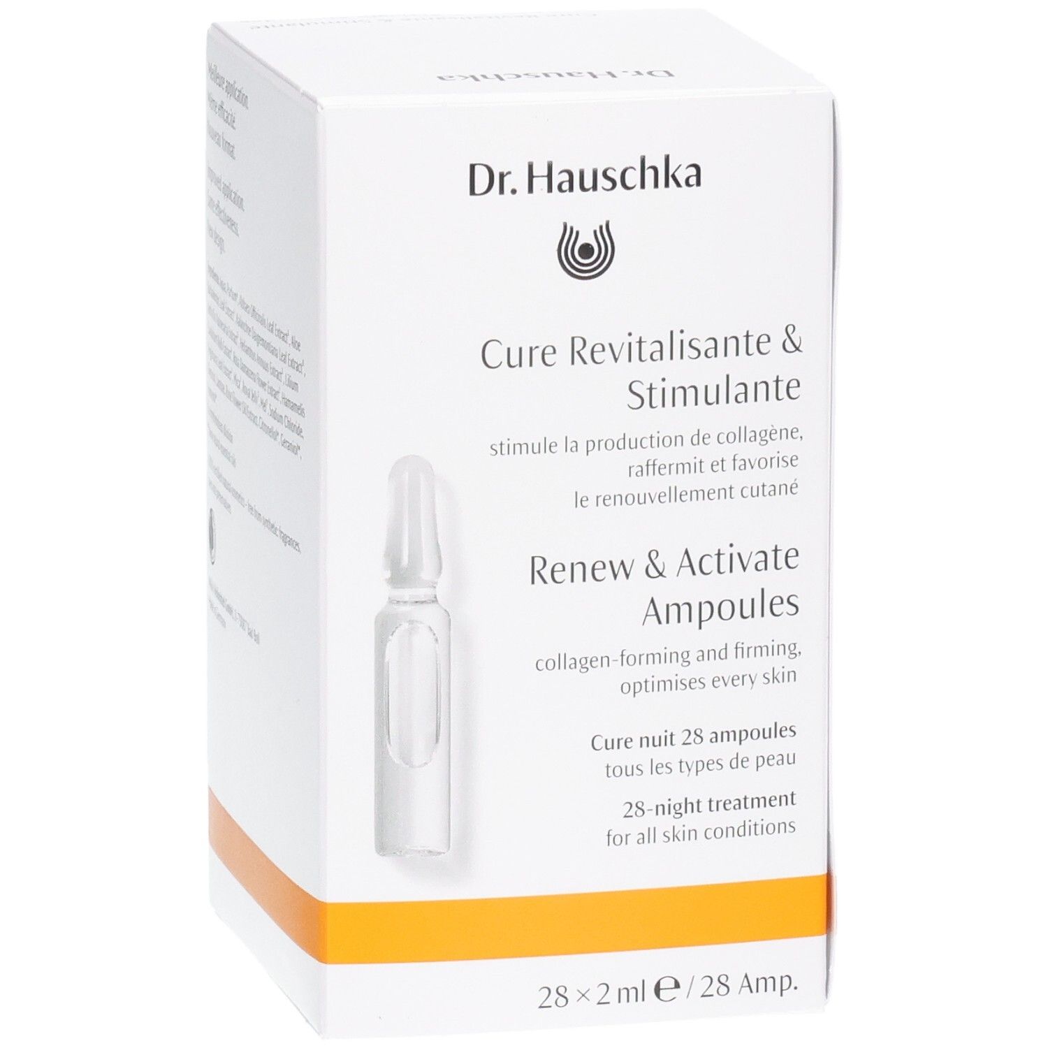 Dr. Hauschka Renew & Activate Ampoules: Vue avant de l'emballage avec ampoule et informations produit.