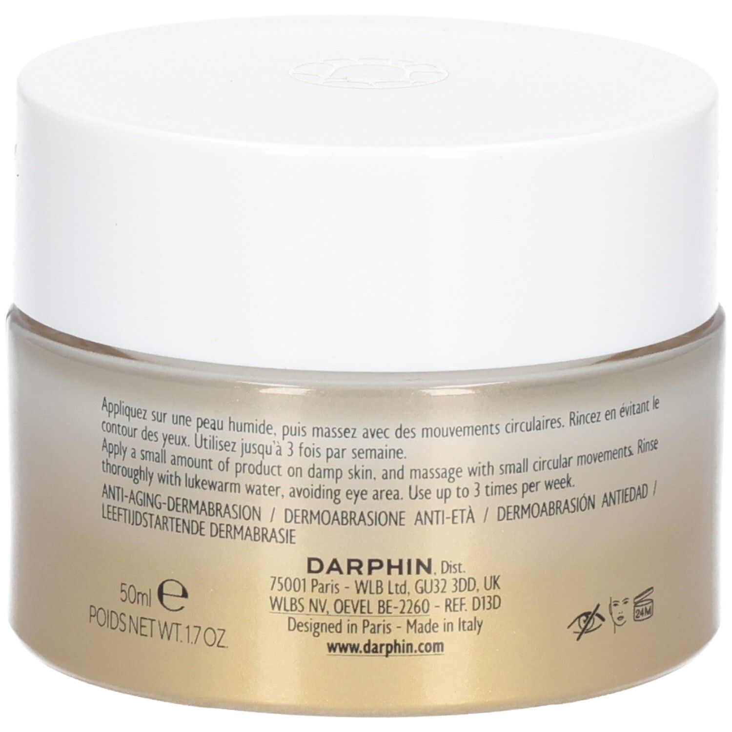 Pot de crème avec couvercle blanc. Inscription: Darphin, Dermabrasion Anti-Âge. Texte: 50ml, 1.7oz, mode d'emploi.