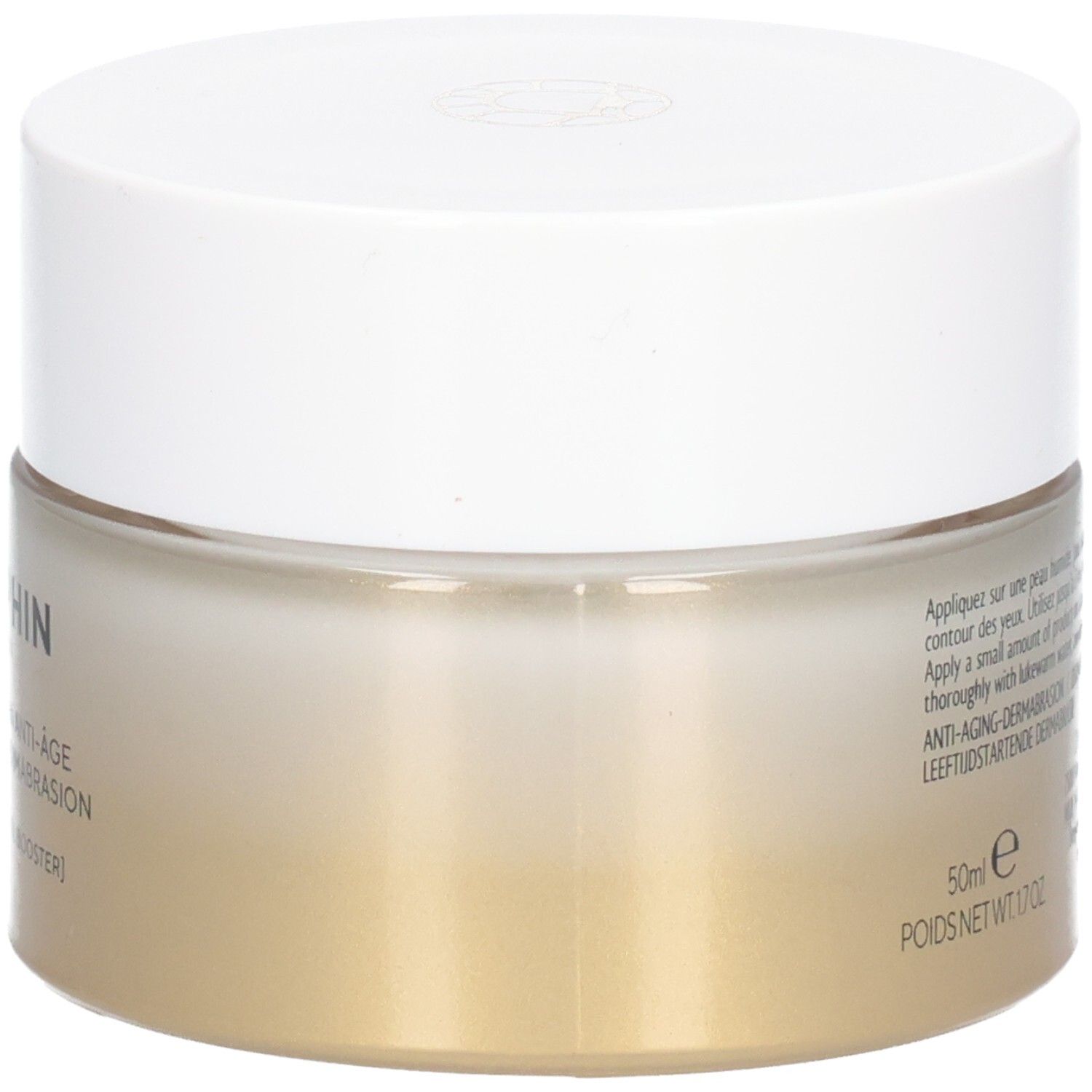 Pot de crème, vue latérale. Couvercle blanc, pot doré. Texte: Dermabrasion Anti-Âge, mode d'emploi.