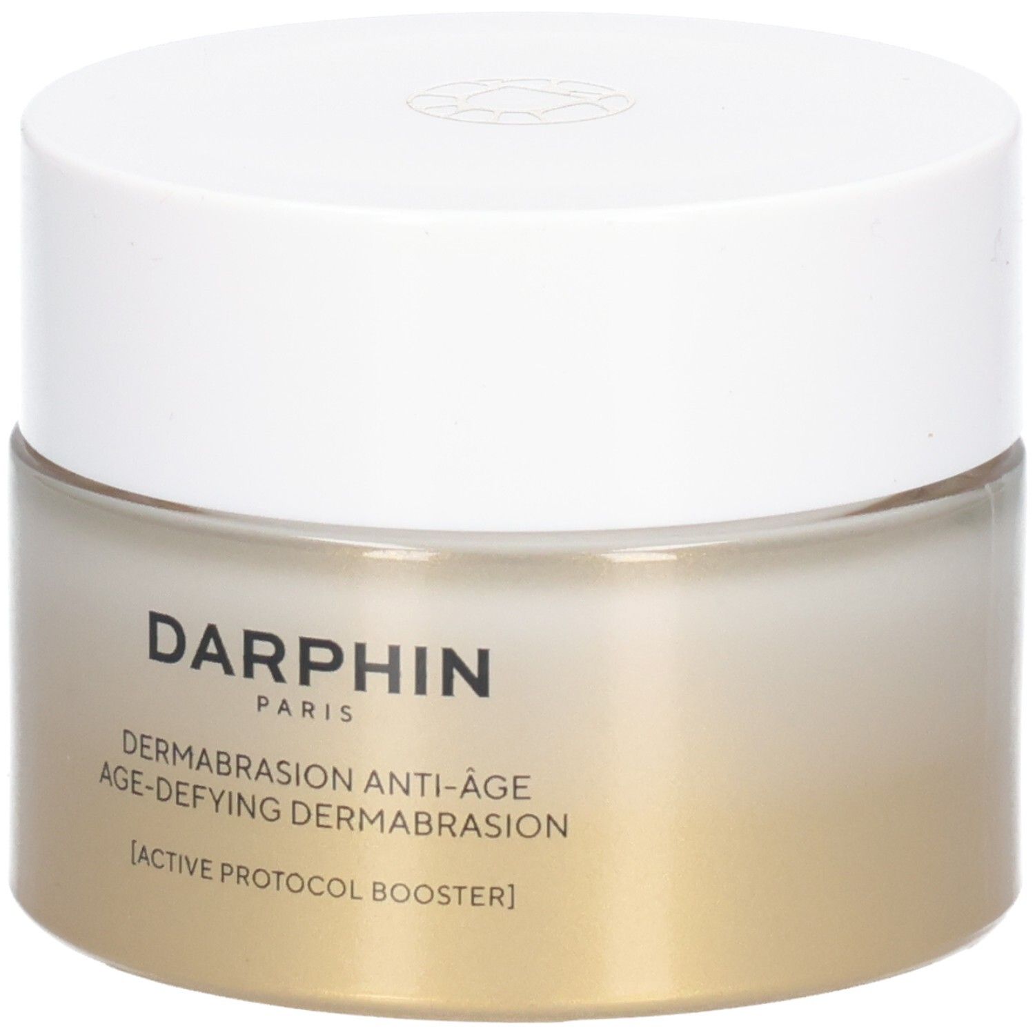 Pot de crème avec couvercle blanc. Inscription: Darphin, Dermabrasion Anti-Âge, Age-Defying Dermabrasion.