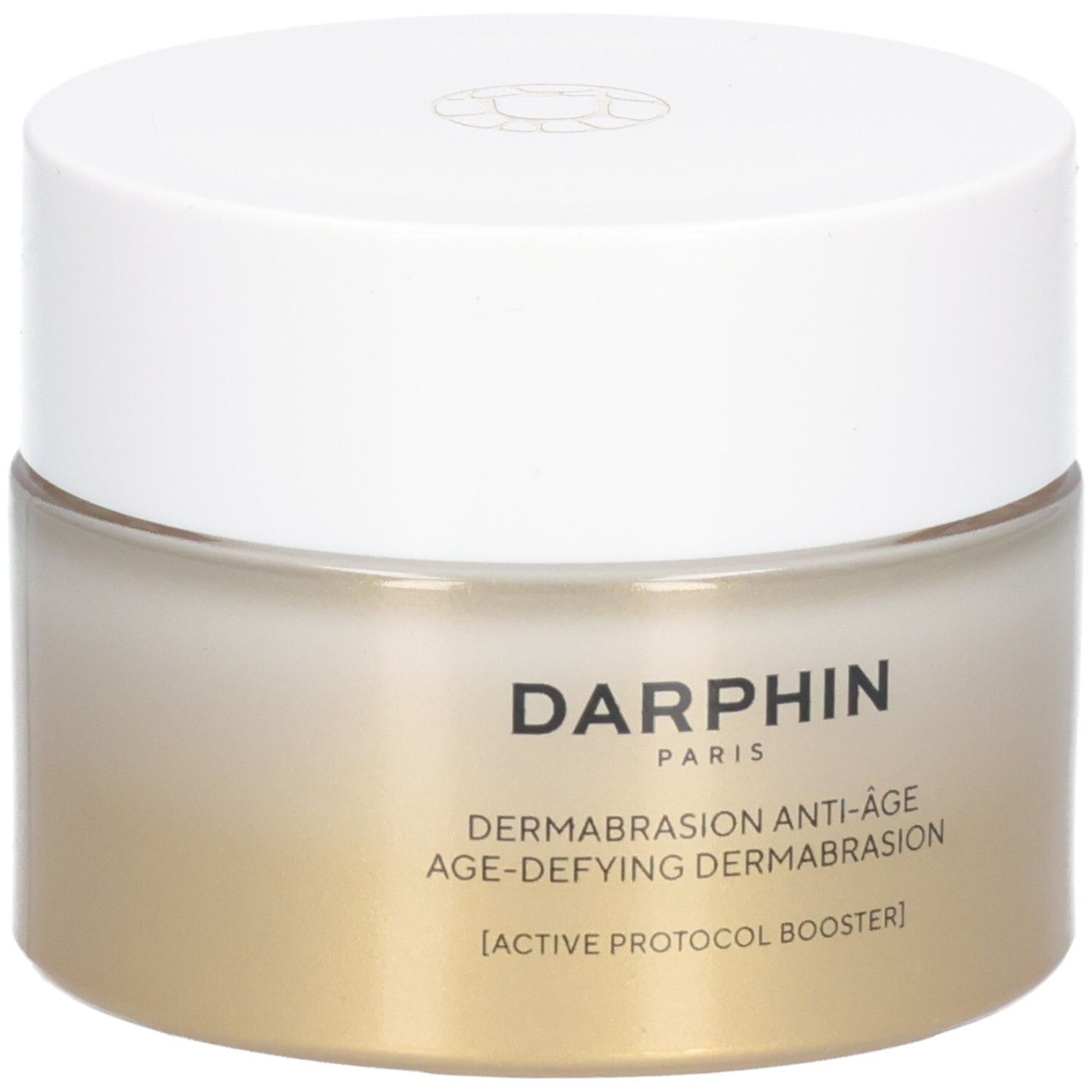 Pot de crème avec couvercle blanc. Inscription: Darphin, Dermabrasion Anti-Âge, Age-Defying Dermabrasion.