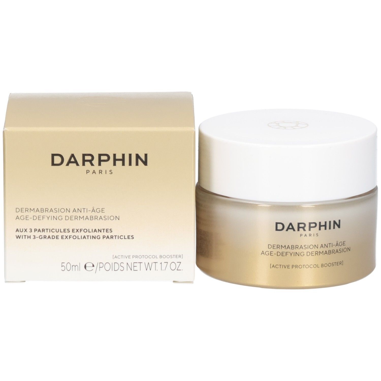Pot de crème et boîte. Inscription: Darphin, Dermabrasion Anti-Âge. Texte: 50ml, 1.7oz, 3 particules.